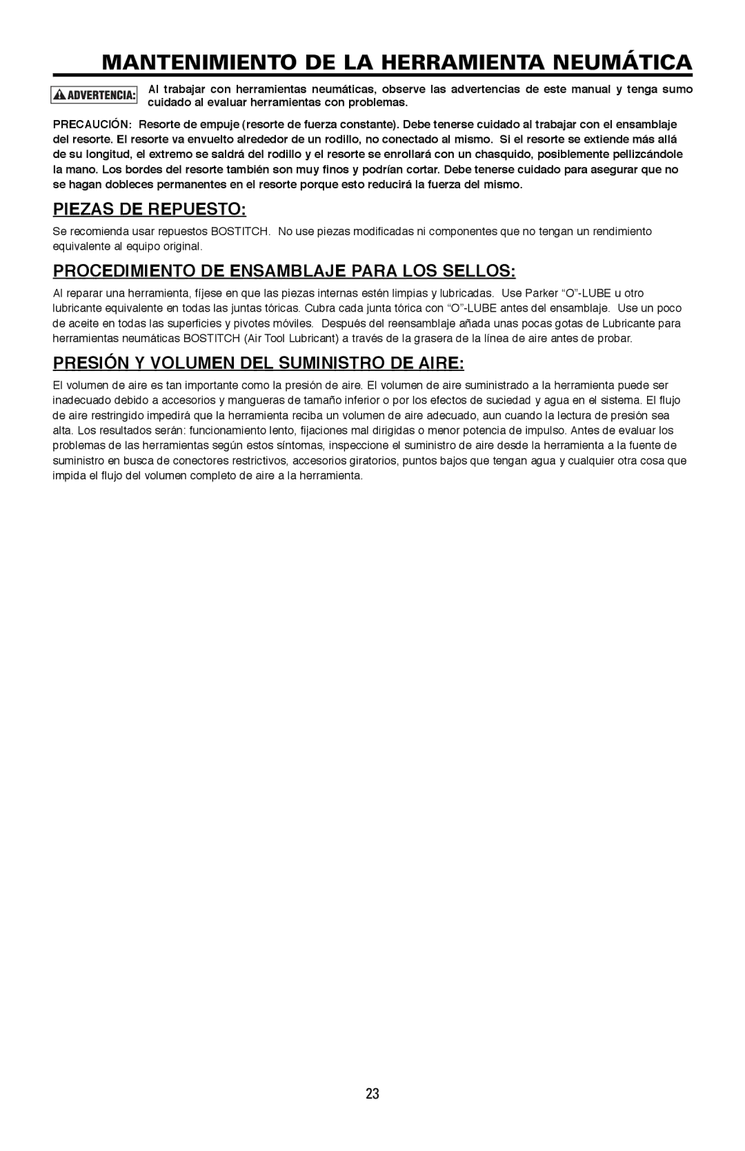 Bostitch LPF21PL Mantenimiento DE LA Herramienta Neumática, Piezas DE Repuesto, Presión Y Volumen DEL Suministro DE Aire 