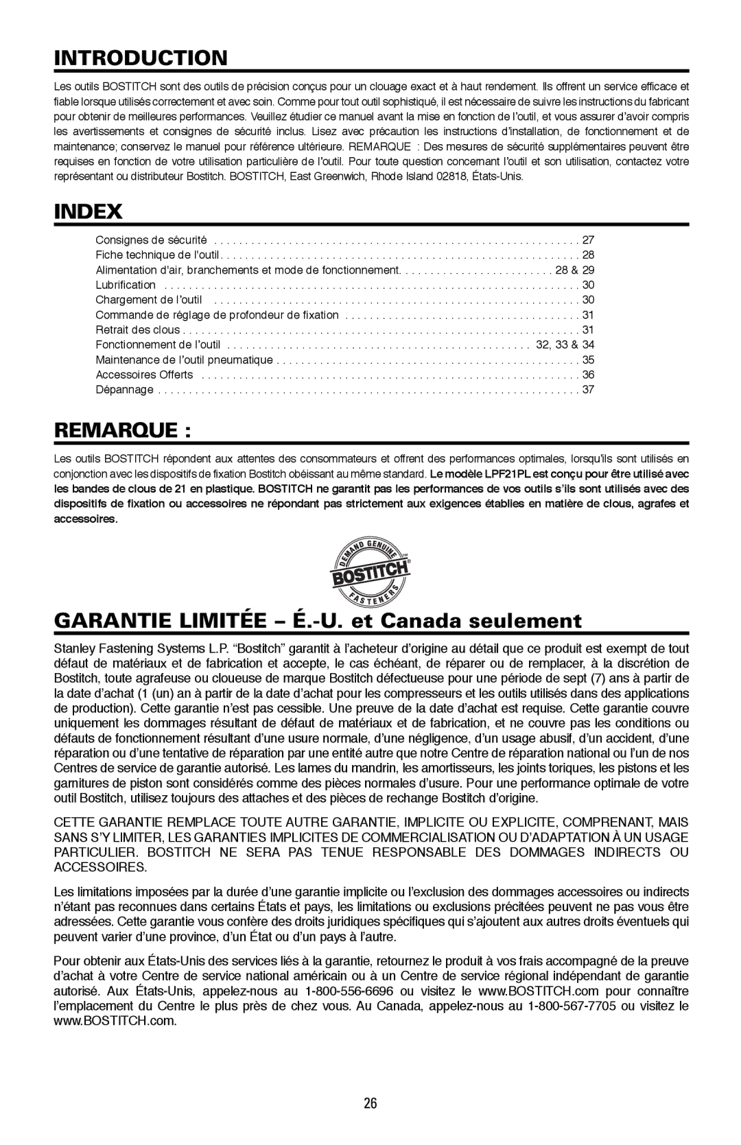 Bostitch LPF21PL manual Remarque, Garantie Limitée É.-U. et Canada seulement 