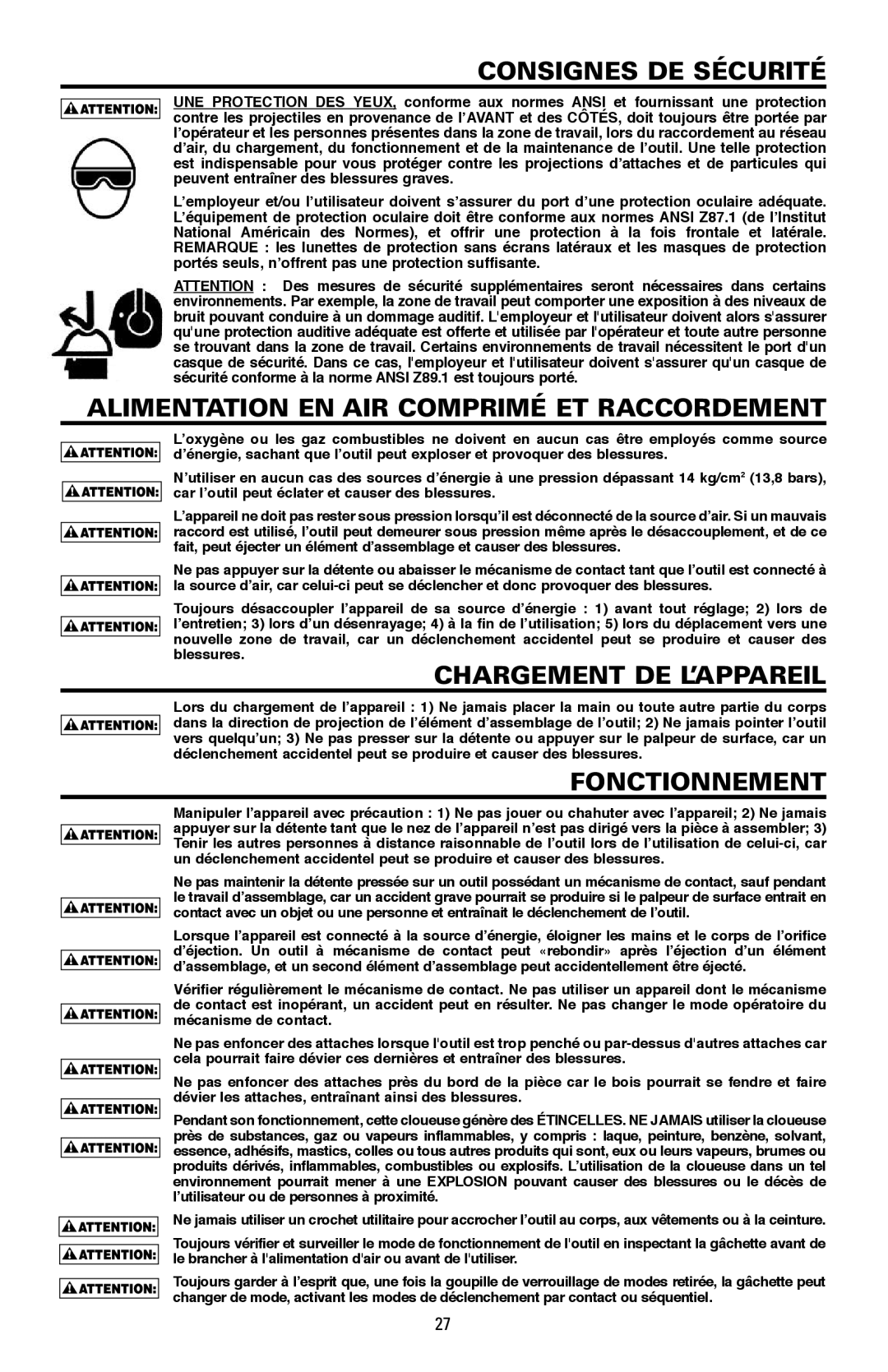 Bostitch LPF21PL manual Consignes DE Sécurité, Alimentation EN AIR Comprimé ET Raccordement, Chargement DE L’APPAREIL 