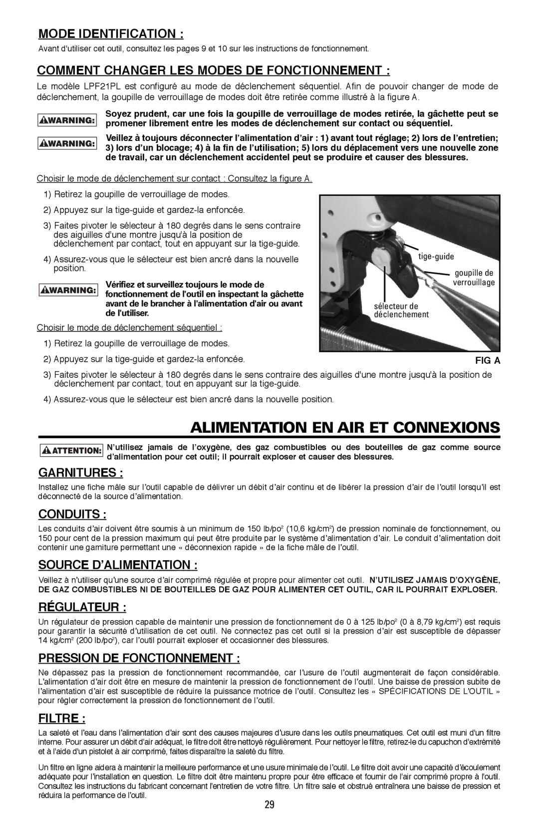 Bostitch LPF21PL manual Alimentation EN AIR ET Connexions 