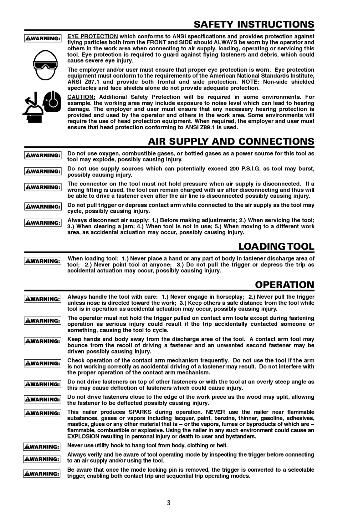 Bostitch LPF21PL manual Safety Instructions, AIR Supply and Connections, Loading Tool, Operation 