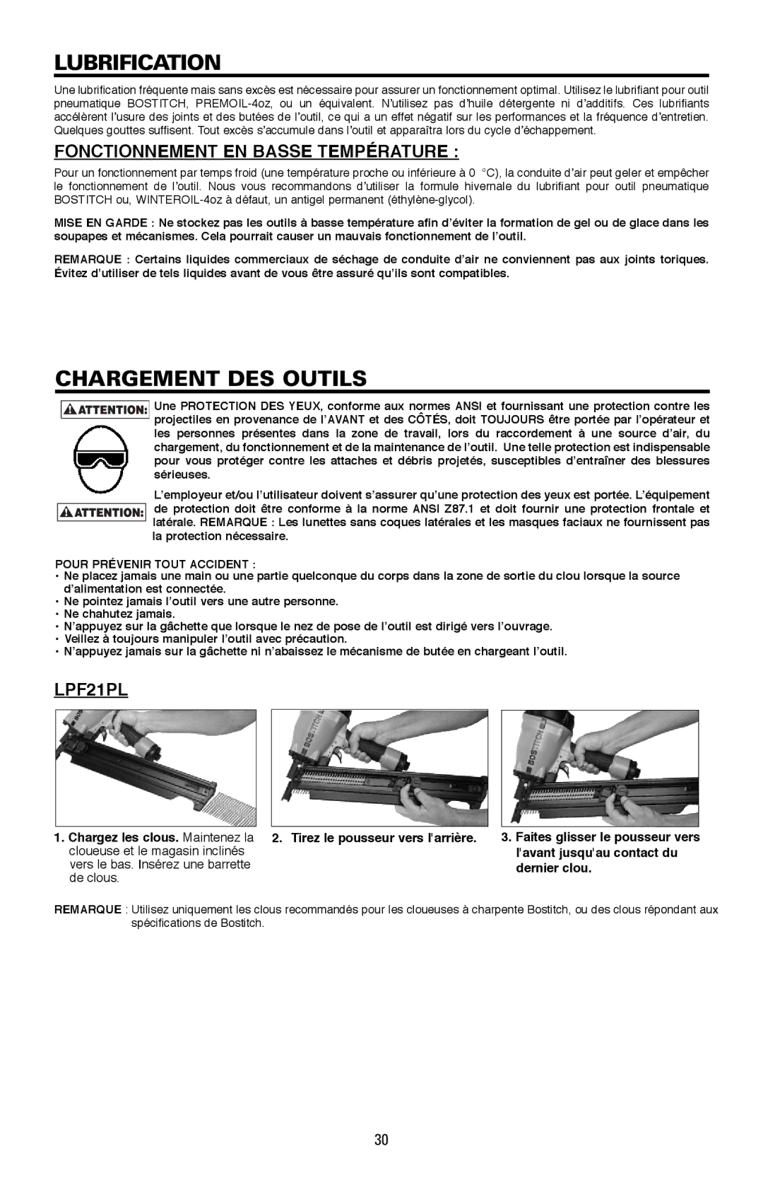 Bostitch LPF21PL manual Lubrification, Chargement DES Outils, Fonctionnement EN Basse Température 