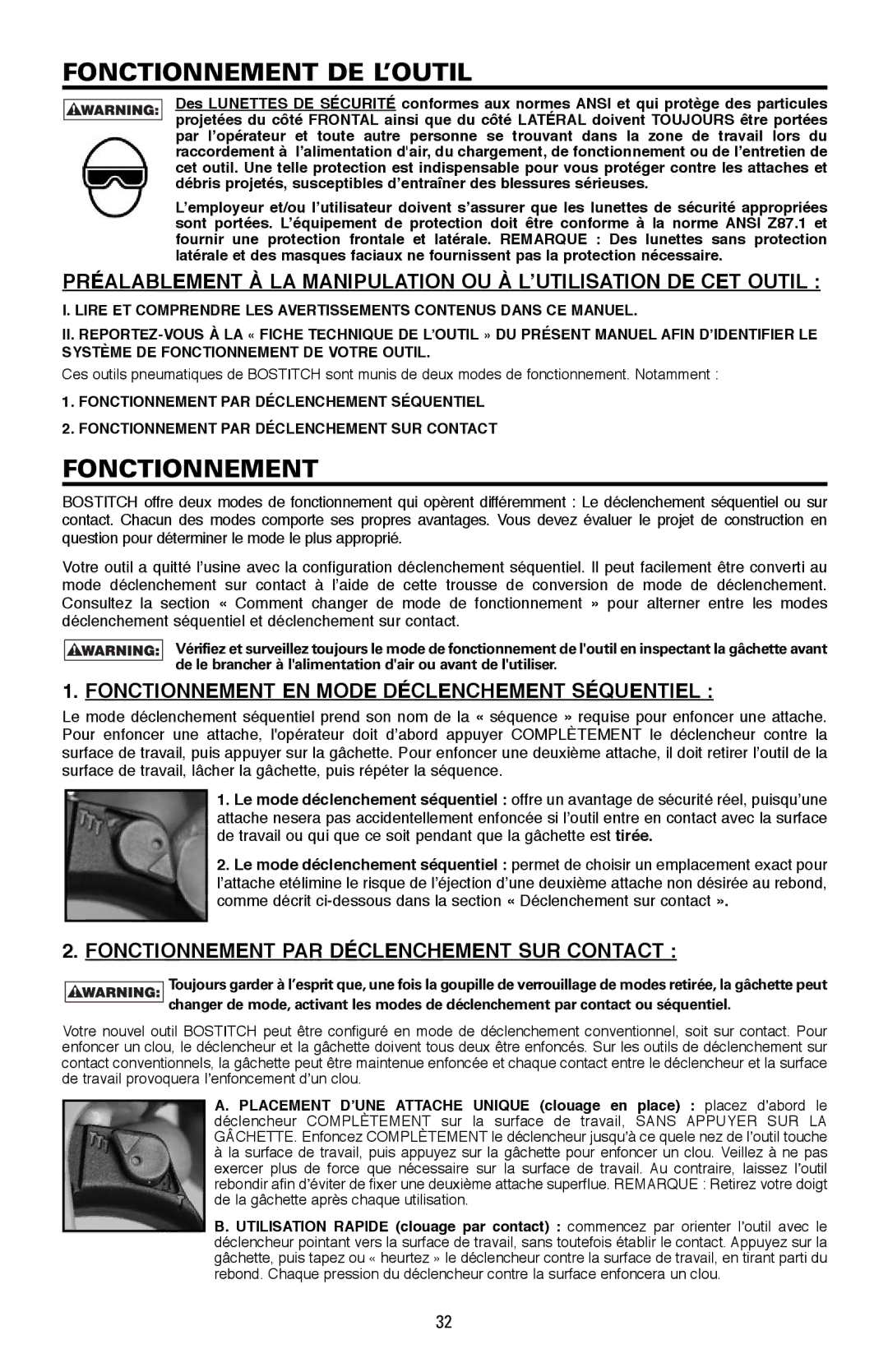 Bostitch LPF21PL manual Fonctionnement DE L’OUTIL, Fonctionnement EN Mode Déclenchement Séquentiel 