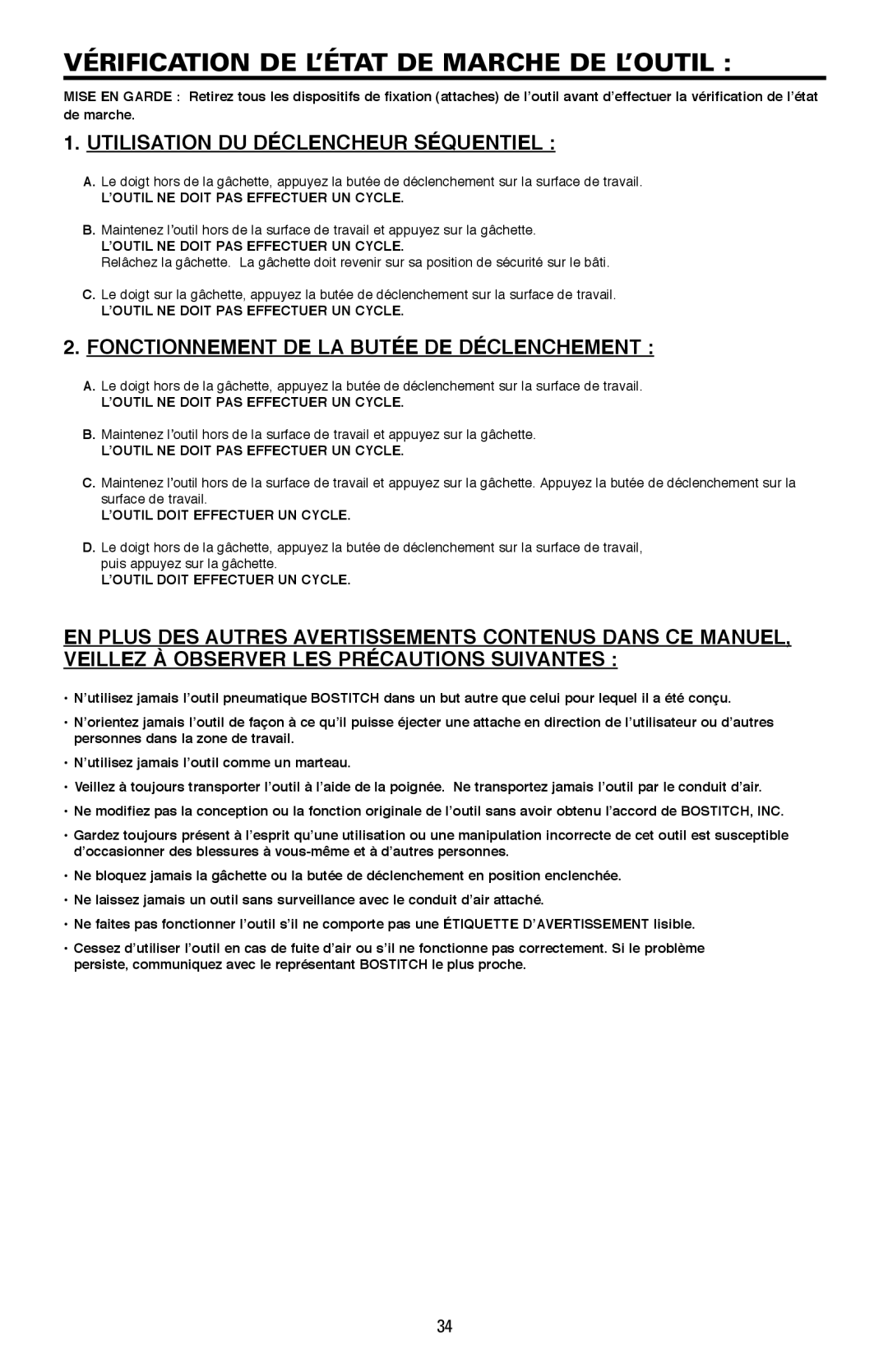 Bostitch LPF21PL manual Vérification DE L’ÉTAT DE Marche DE L’OUTIL, Utilisation DU Déclencheur Séquentiel 