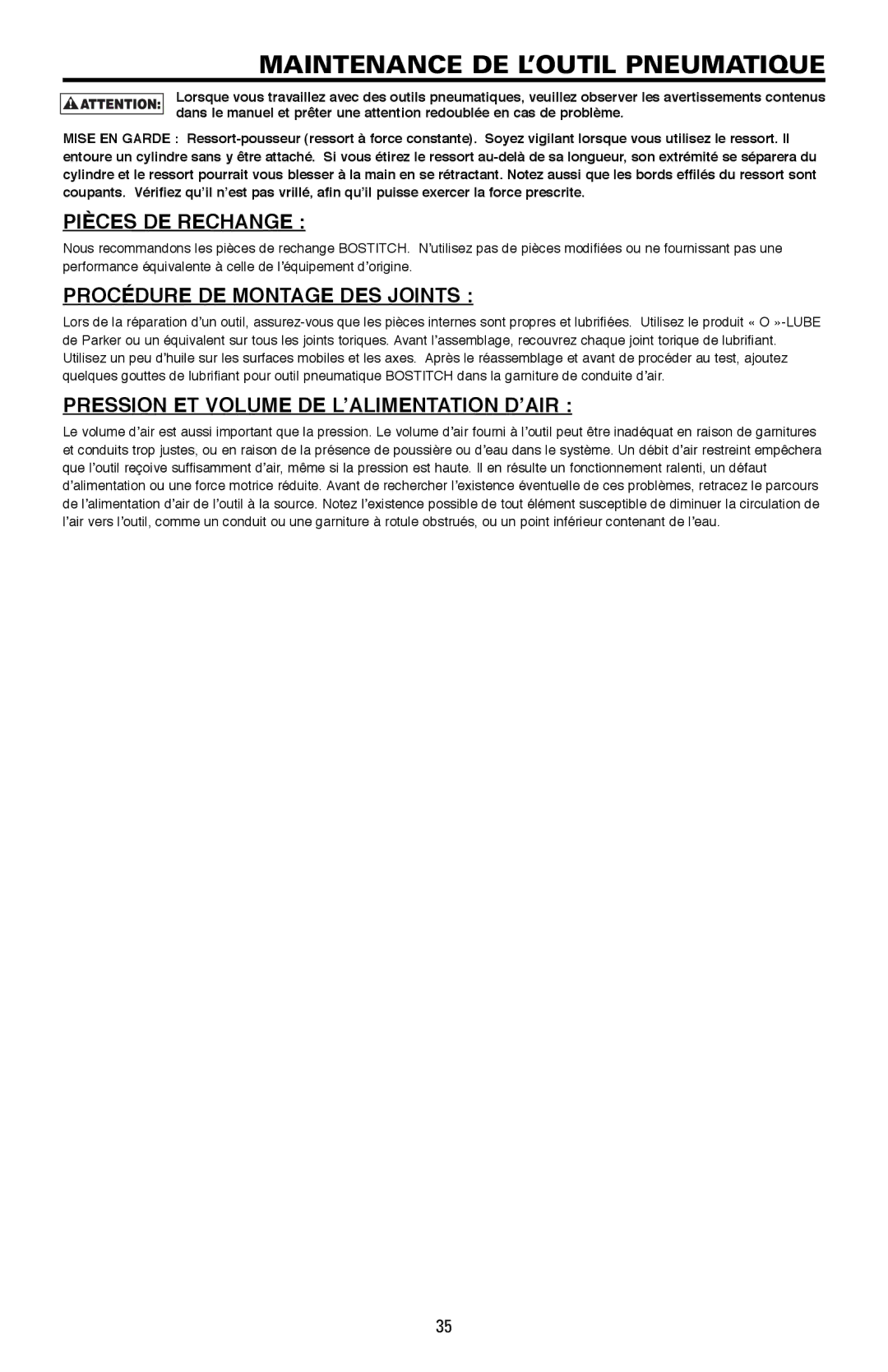 Bostitch LPF21PL manual Maintenance DE L’OUTIL Pneumatique, Pièces DE Rechange, Procédure DE Montage DES Joints 