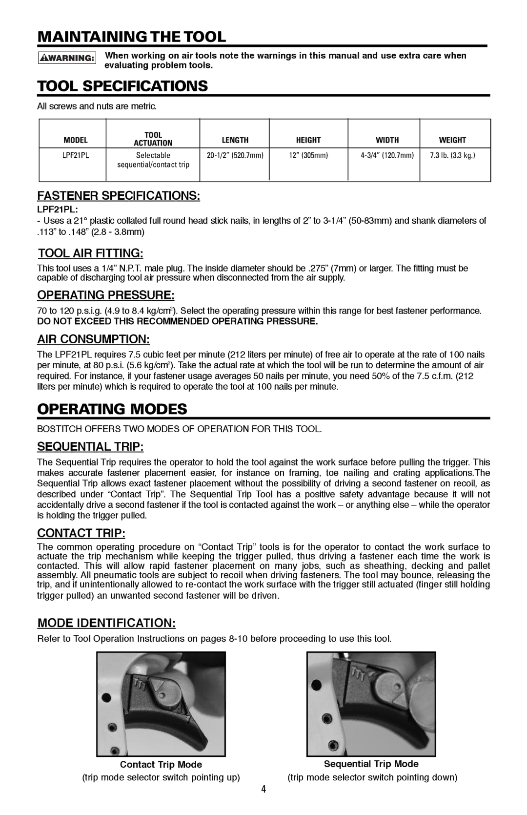 Bostitch LPF21PL manual Maintaining the Tool, Tool Specifications, Operating Modes 