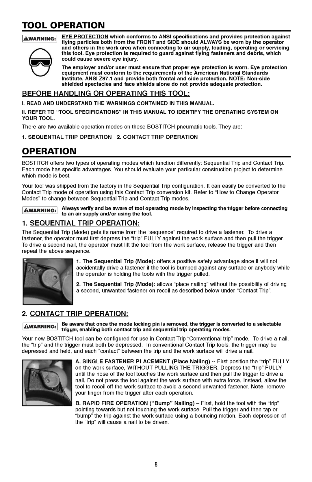 Bostitch LPF21PL Tool Operation, Before Handling or Operating this Tool, Sequential Trip Operation, Contact Trip Operation 