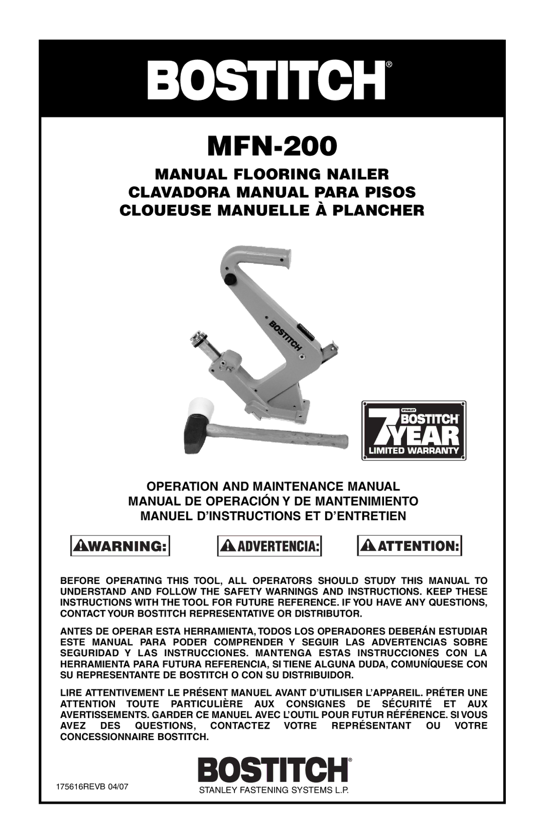 Bostitch 175616REVB manual MFN-200 