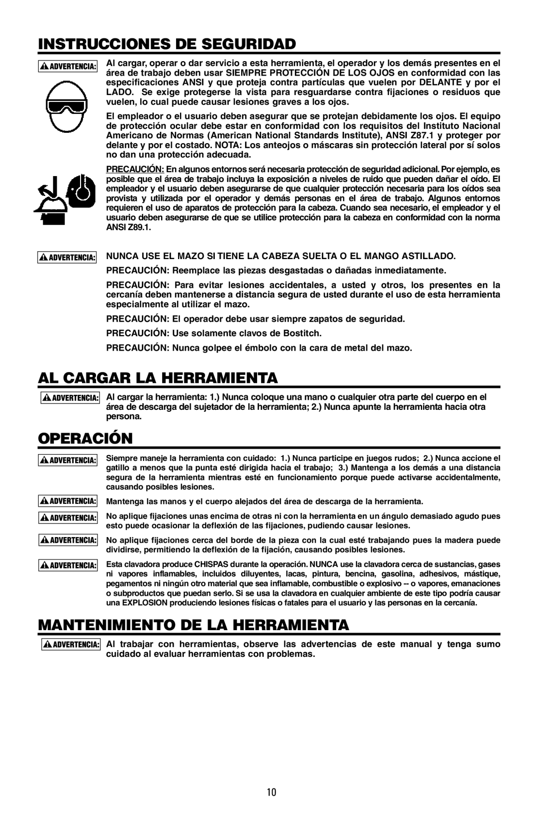 Bostitch MFN-200 manual Instrucciones DE Seguridad, AL Cargar LA Herramienta, Operación, Mantenimiento DE LA Herramienta 