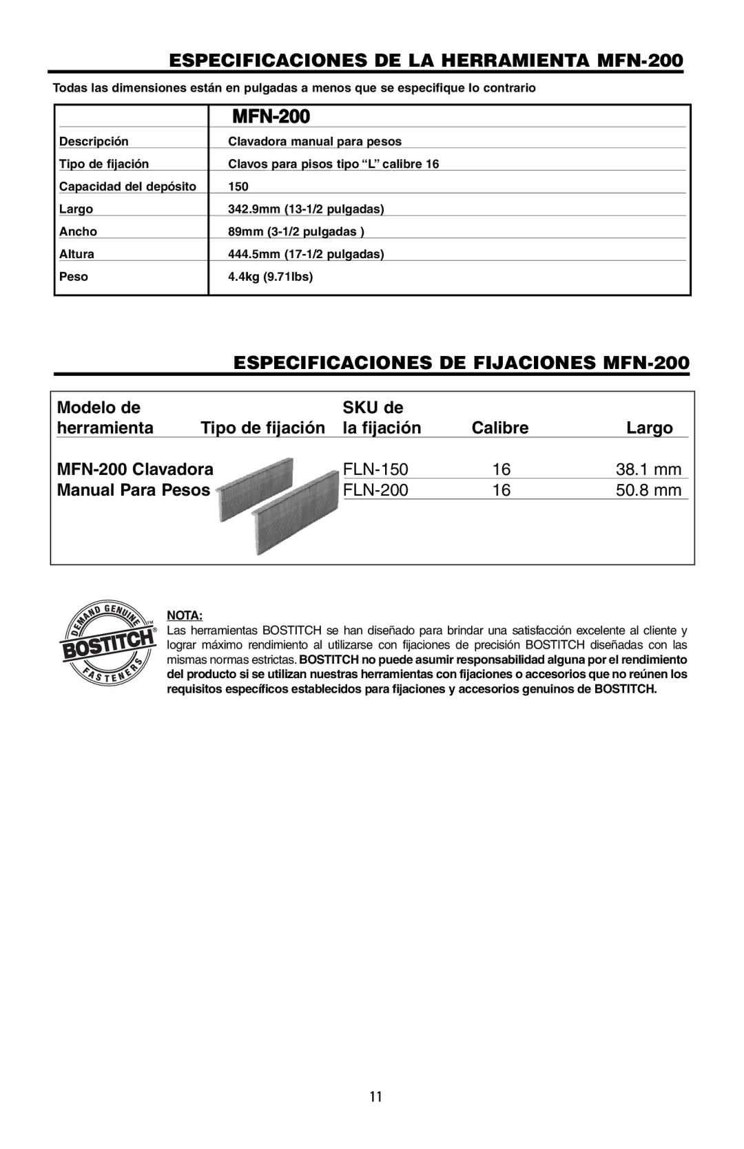 Bostitch 175616REVB manual Especificaciones DE LA Herramienta MFN-200, Especificaciones DE Fijaciones MFN-200, Nota 