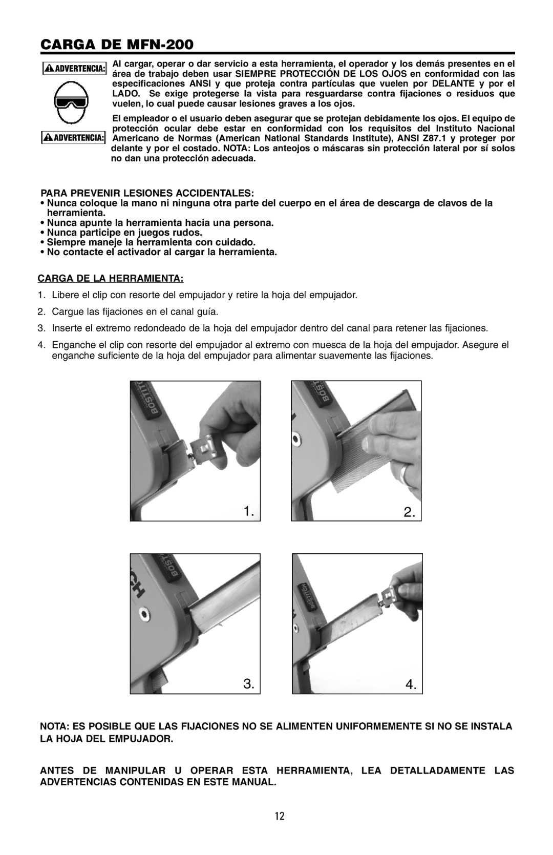 Bostitch 175616REVB manual Carga DE MFN-200, Para Prevenir Lesiones Accidentales, Carga DE LA Herramienta 