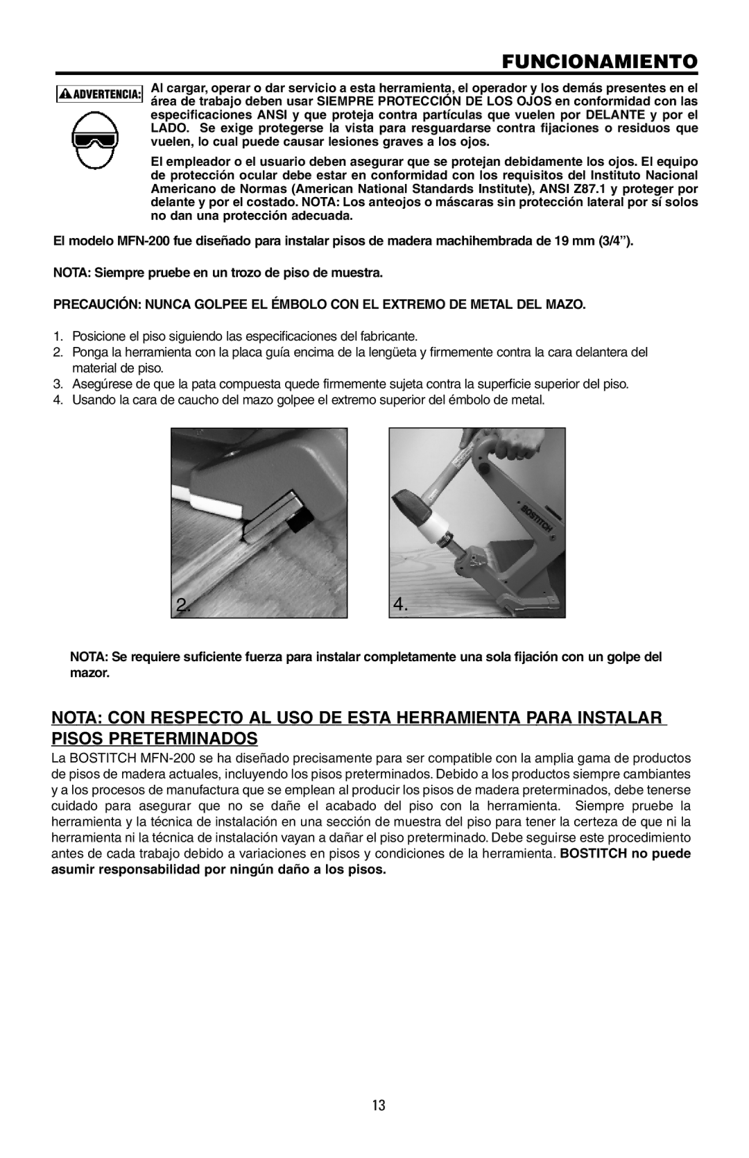 Bostitch 175616REVB, MFN-200 manual Funcionamiento 