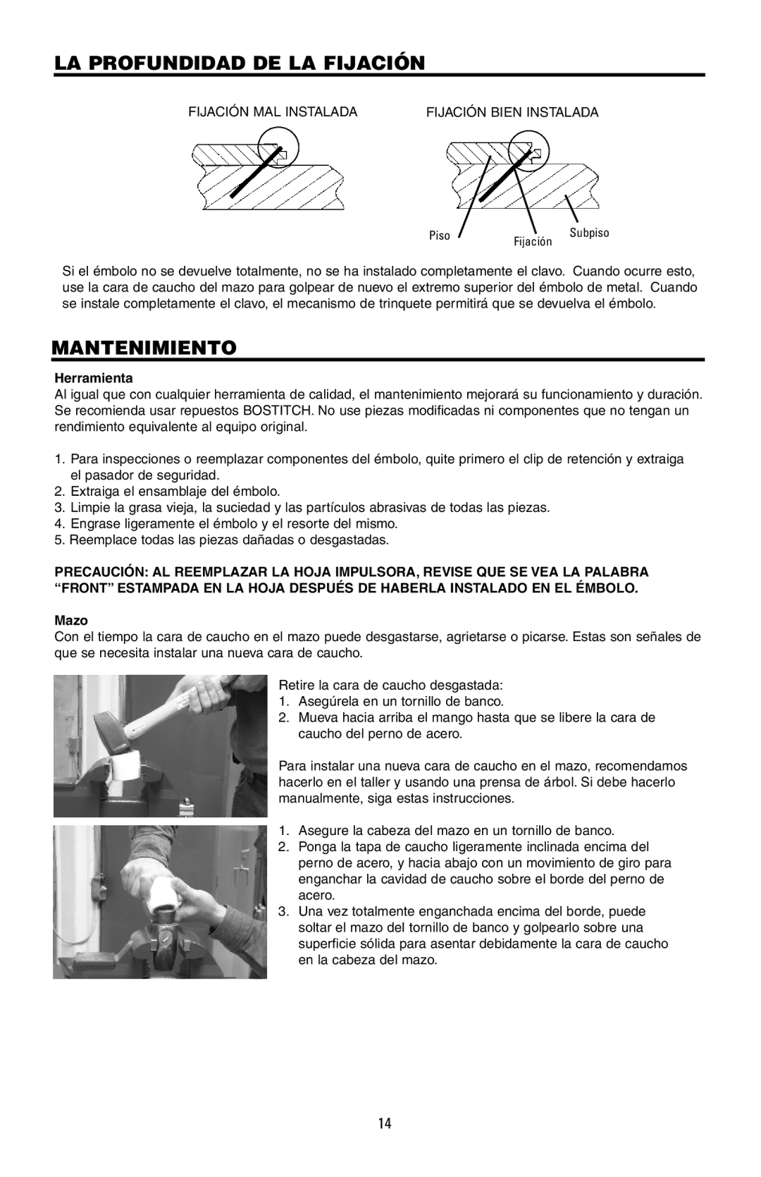 Bostitch MFN-200, 175616REVB manual LA Profundidad DE LA Fijación, Mantenimiento 