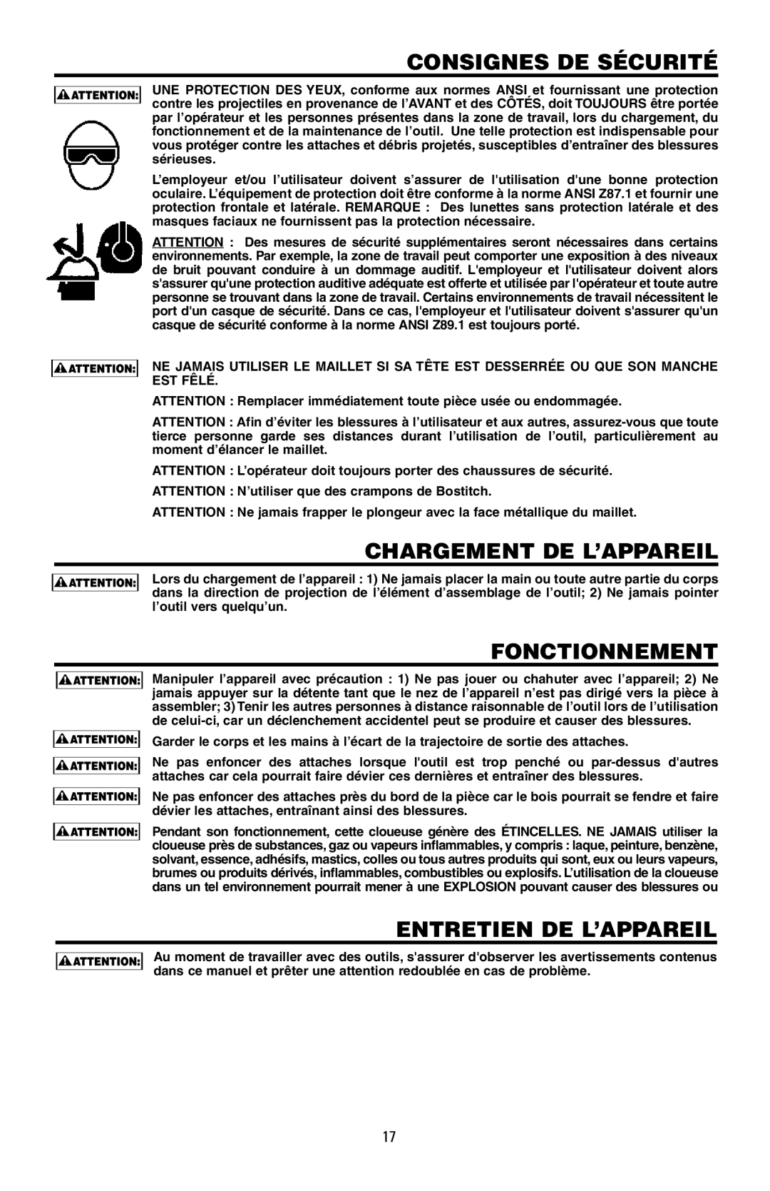 Bostitch 175616REVB, MFN-200 manual Consignes DE Sécurité, Chargement DE L’APPAREIL, Fonctionnement, Entretien DE L’APPAREIL 