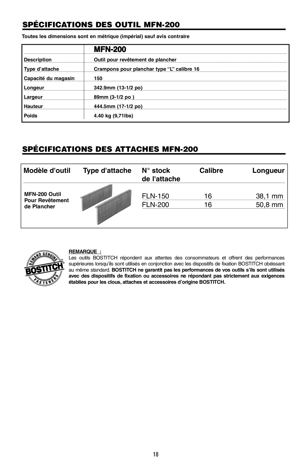 Bostitch 175616REVB manual Spécifications DES Outil MFN-200, Spécifications DES Attaches MFN-200, Remarque 