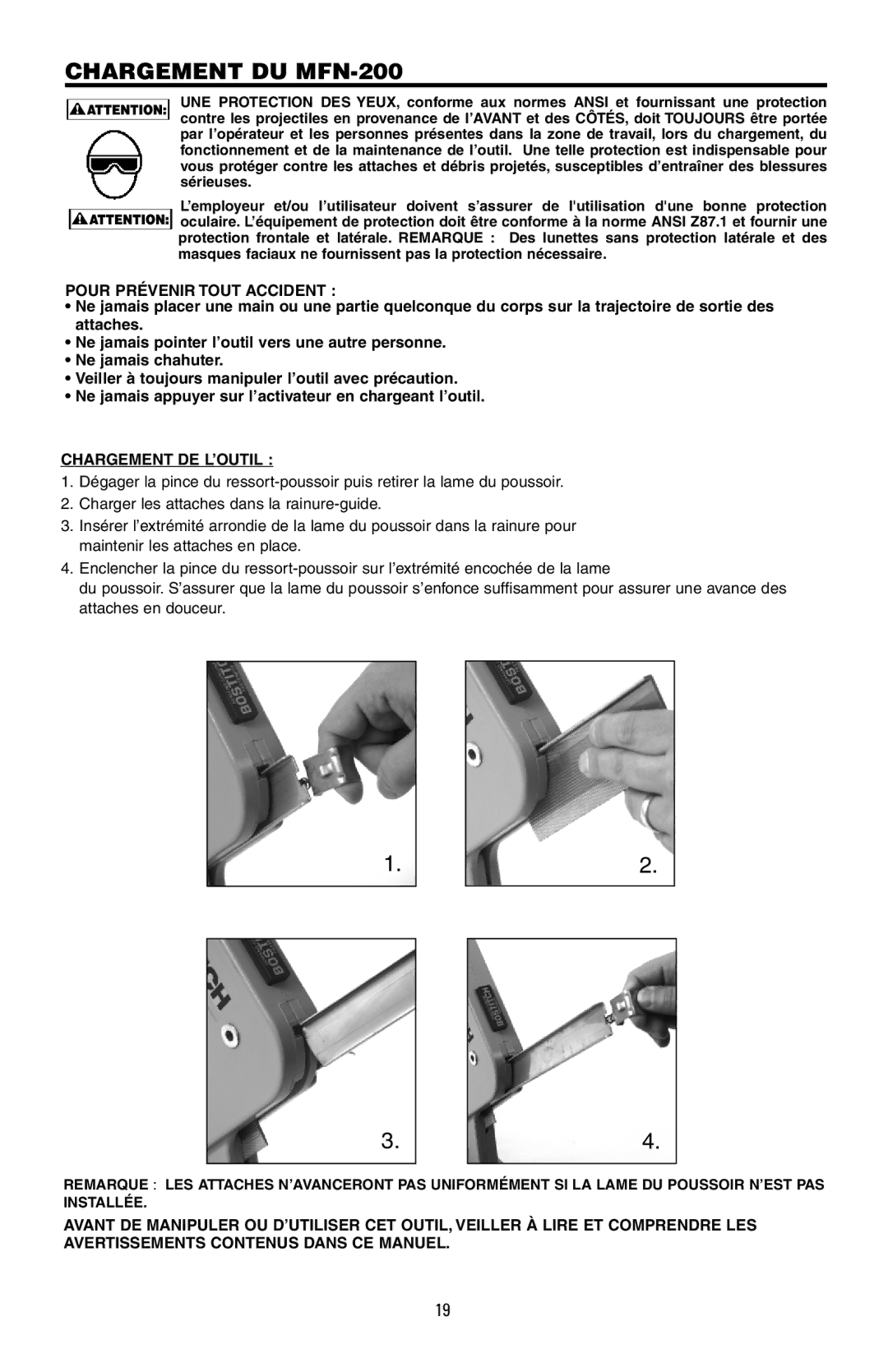 Bostitch 175616REVB manual Chargement DU MFN-200, Pour Prévenir Tout Accident, Chargement DE L’OUTIL 