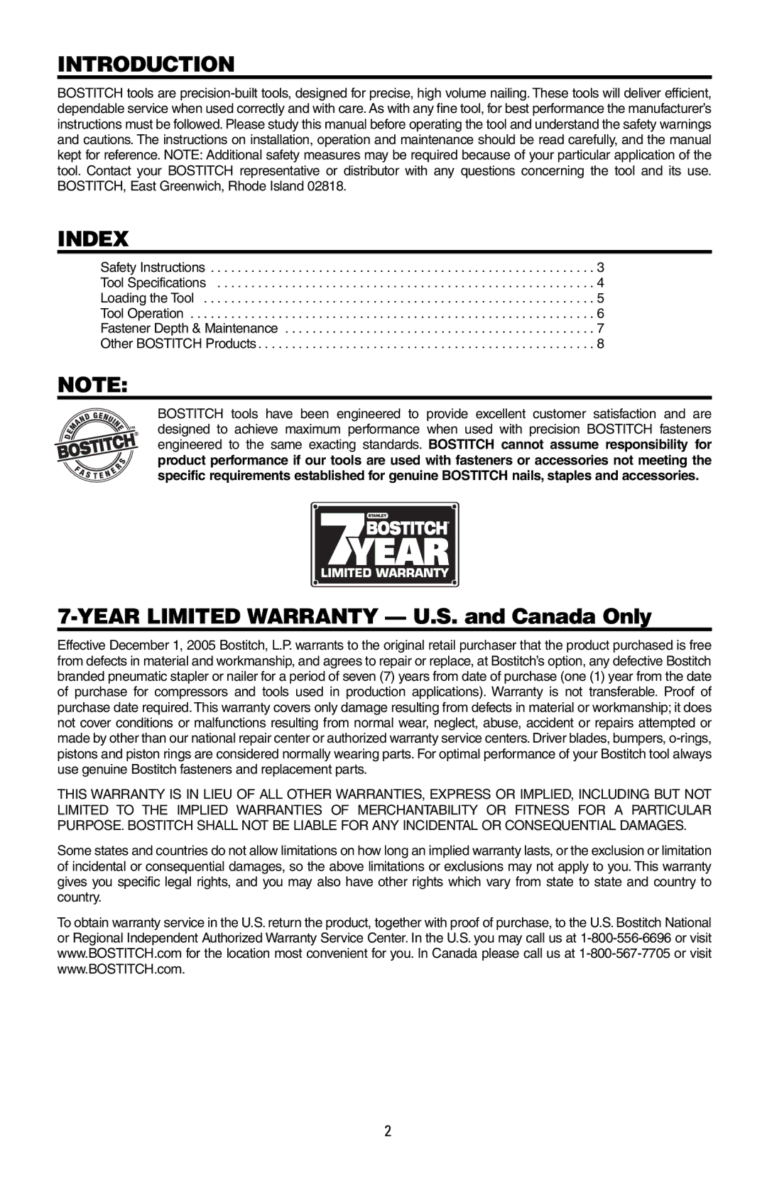 Bostitch MFN-200, 175616REVB manual Introduction, Index 