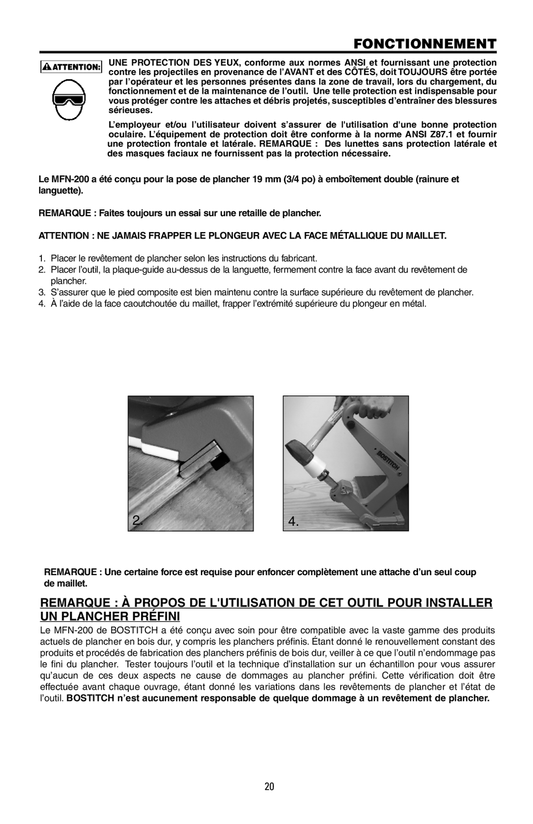 Bostitch MFN-200, 175616REVB manual Fonctionnement 