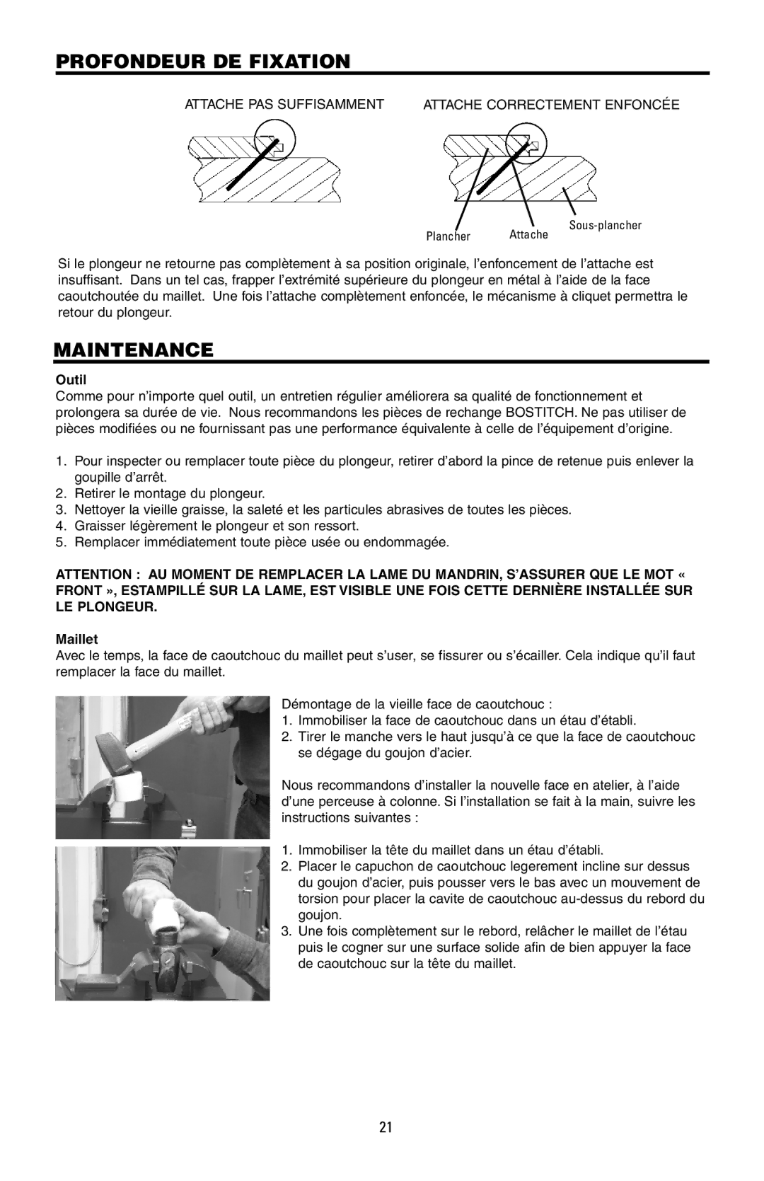 Bostitch 175616REVB, MFN-200 manual Profondeur DE Fixation, Maintenance 