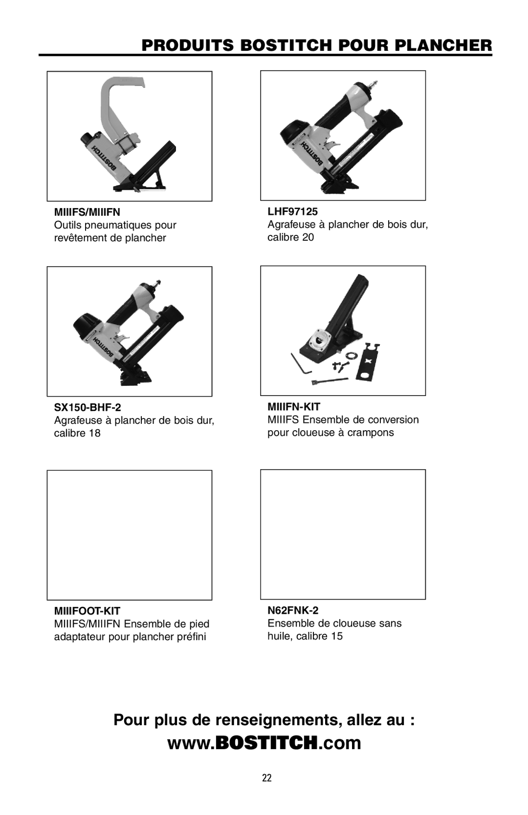 Bostitch MFN-200, 175616REVB manual Produits Bostitch Pour Plancher 