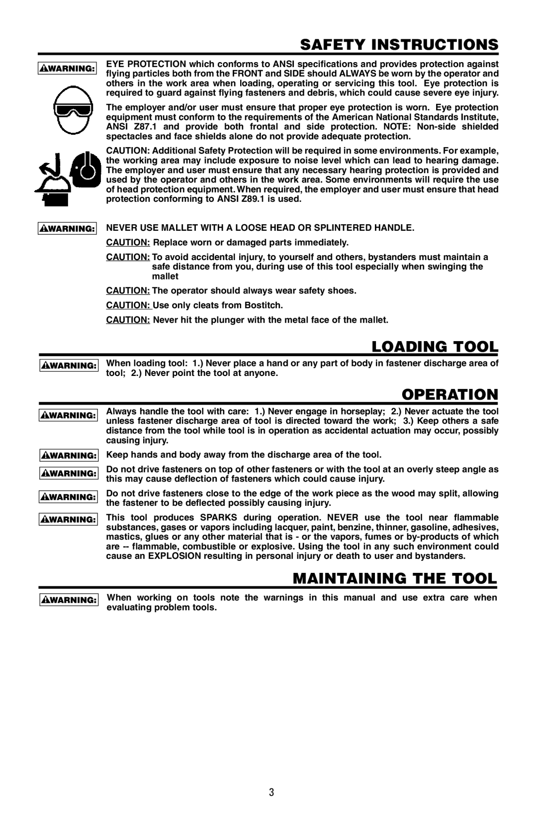 Bostitch 175616REVB, MFN-200 manual Safety Instructions, Loading Tool, Operation, Maintaining the Tool 