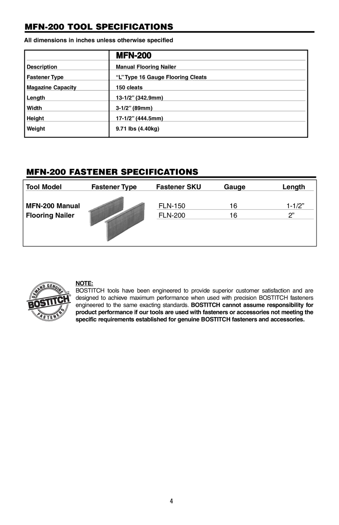 Bostitch 175616REVB manual MFN-200 Tool Specifications, MFN-200 Fastener Specifications 