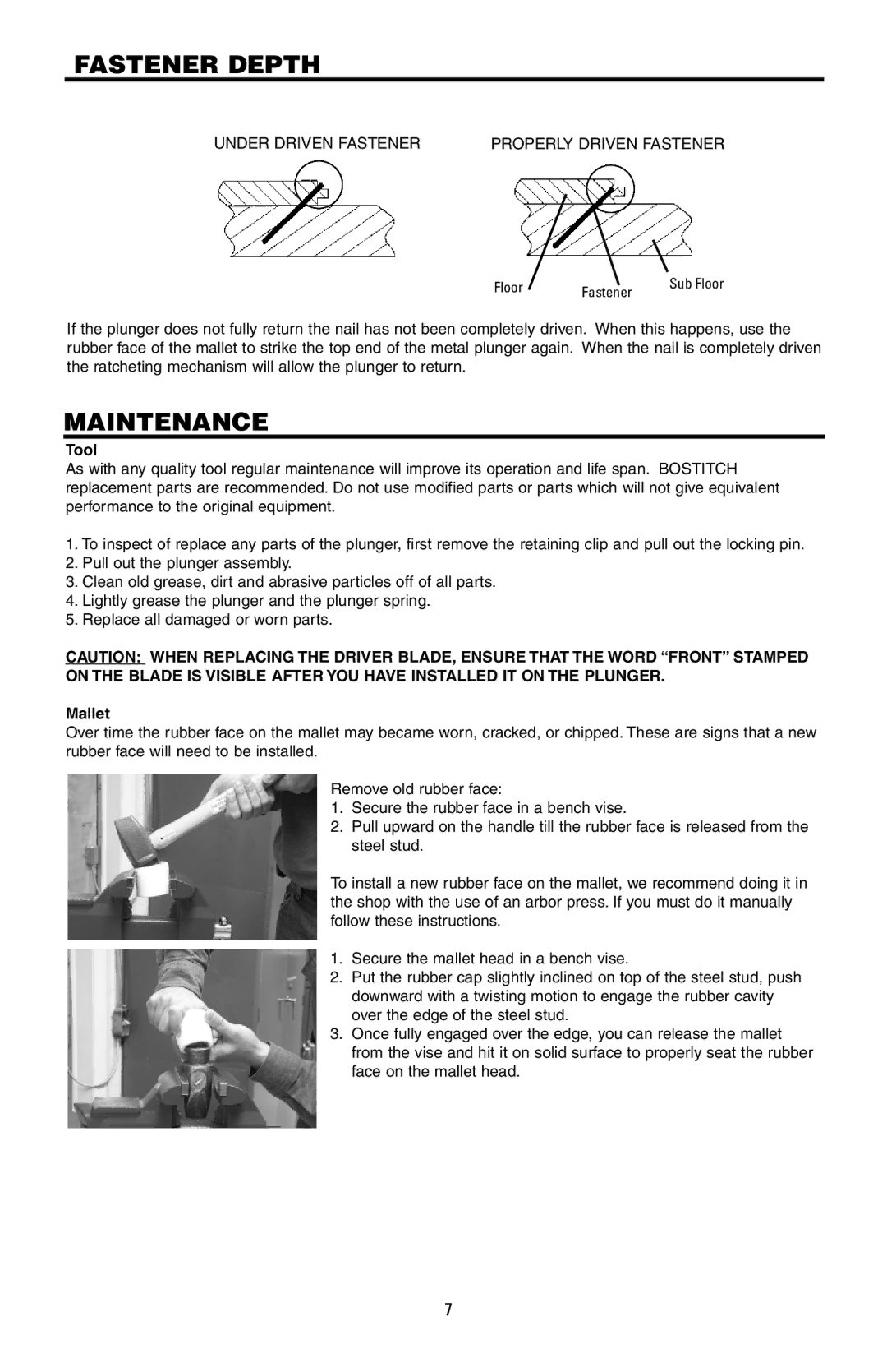 Bostitch 175616REVB, MFN-200 manual Fastener Depth, Maintenance 