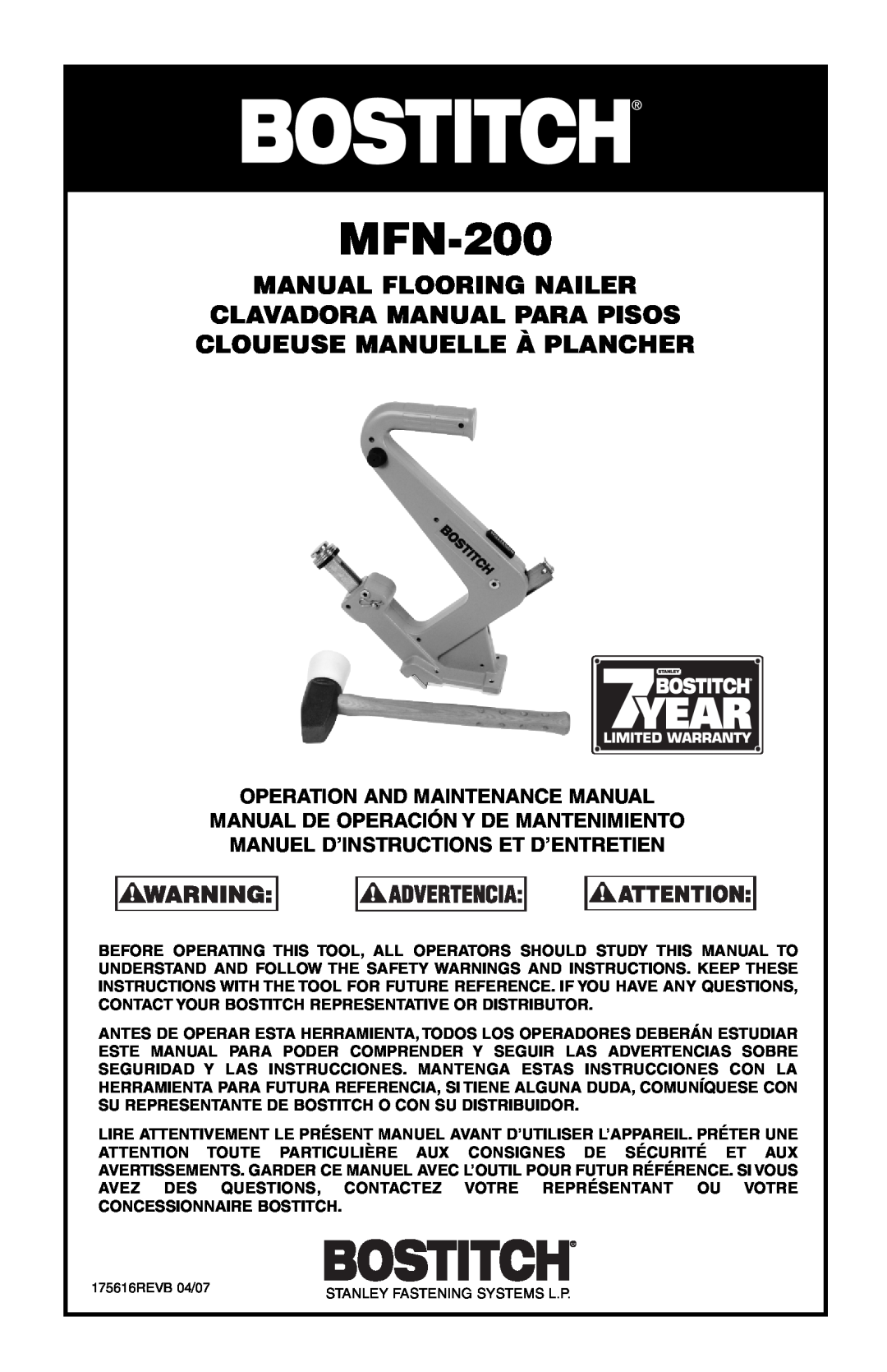 Bostitch 175616REVB manual Manual Flooring Nailer Clavadora Manual Para Pisos, Cloueuse Manuelle À Plancher, MFN-200 
