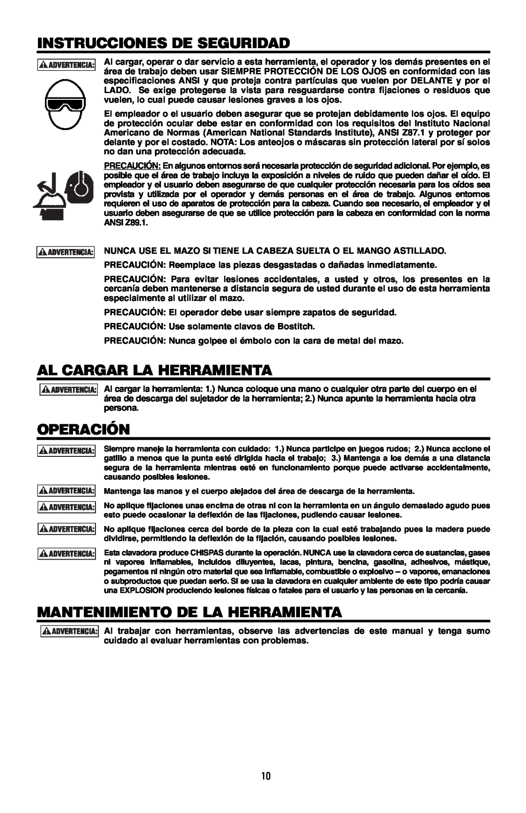 Bostitch MFN-200 manual Instrucciones De Seguridad, Al Cargar La Herramienta, Operación, Mantenimiento De La Herramienta 