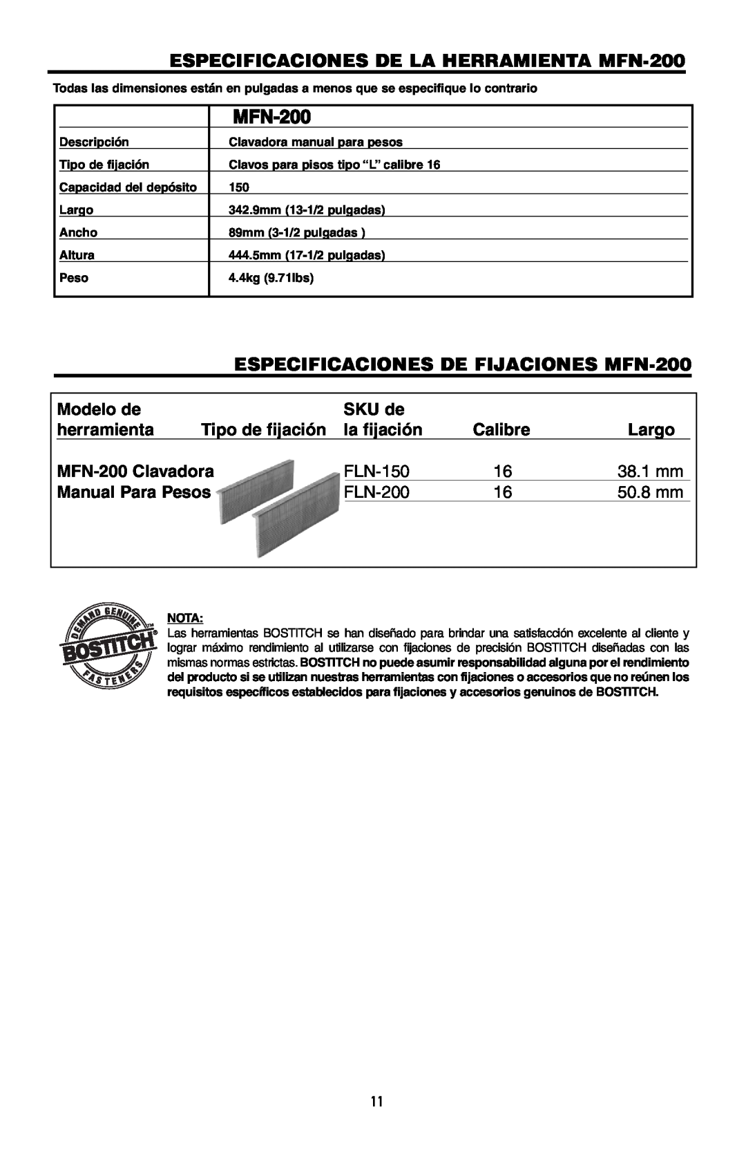 Bostitch 175616REVB manual ESPECIFICACIONES DE LA HERRAMIENTA MFN-200, ESPECIFICACIONES DE FIJACIONES MFN-200, Modelo de 
