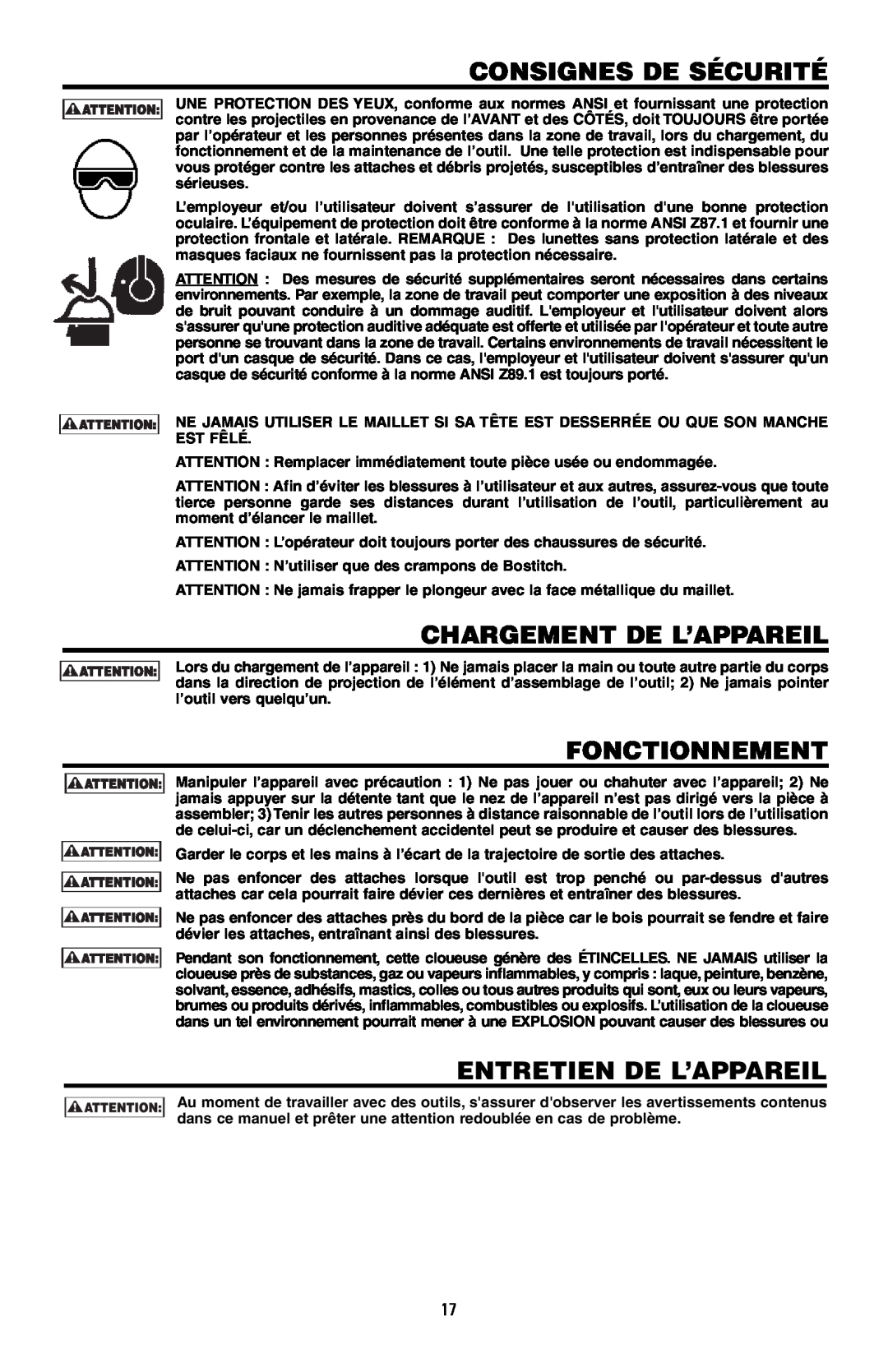 Bostitch 175616REVB, MFN-200 manual Consignes De Sécurité, Chargement De L’Appareil, Fonctionnement, Entretien De L’Appareil 