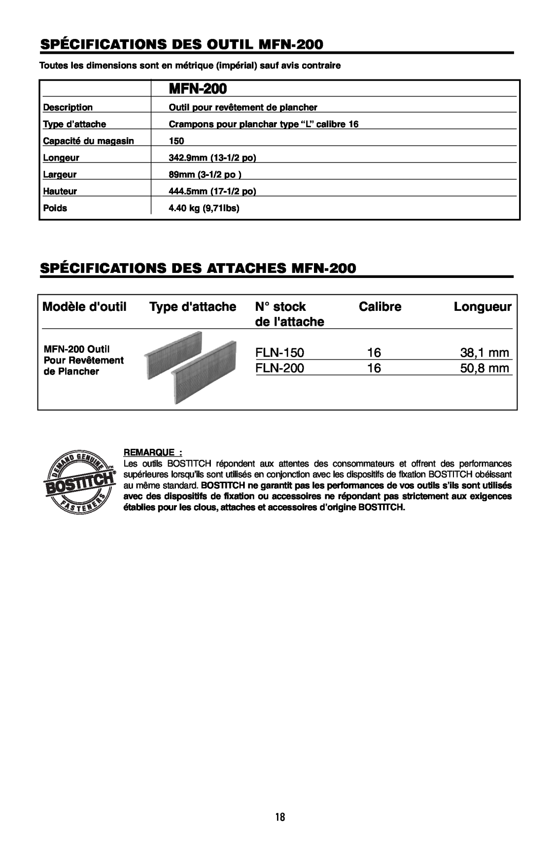 Bostitch 175616REVB manual SPÉCIFICATIONS DES OUTIL MFN-200, SPÉCIFICATIONS DES ATTACHES MFN-200, 38,1 mm, 50,8 mm 