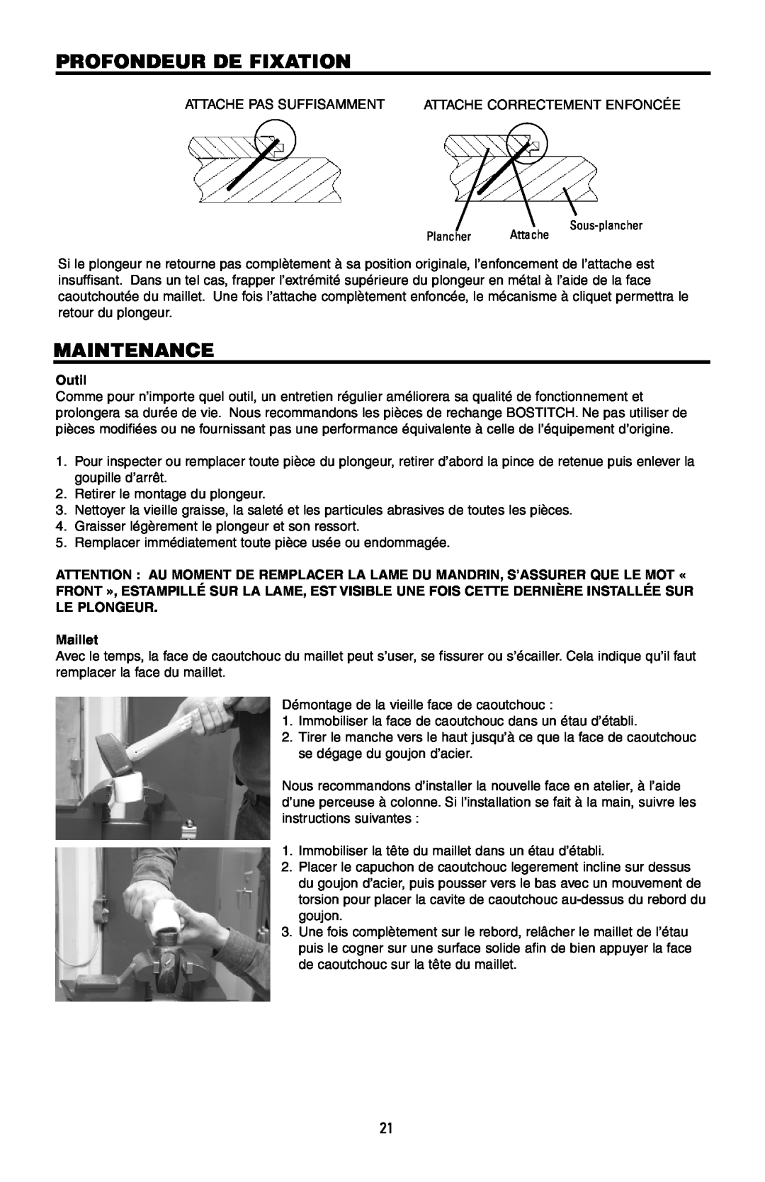 Bostitch 175616REVB, MFN-200 manual Profondeur De Fixation, Maintenance, Outil, Maillet 