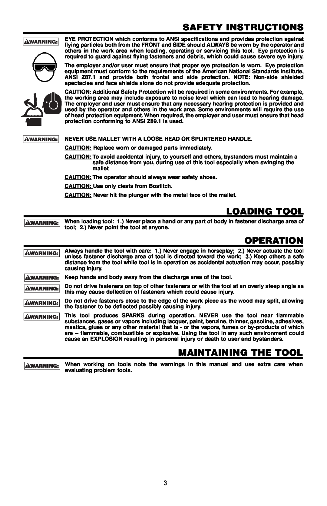 Bostitch 175616REVB, MFN-200 manual Safety Instructions, Loading Tool, Operation, Maintaining The Tool 