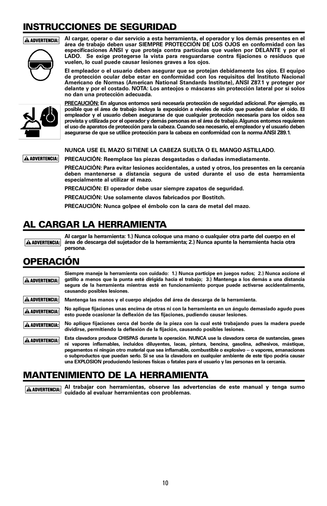 Bostitch MFN-201 manual Instrucciones DE Seguridad, AL Cargar LA Herramienta, Operación, Mantenimiento DE LA Herramienta 