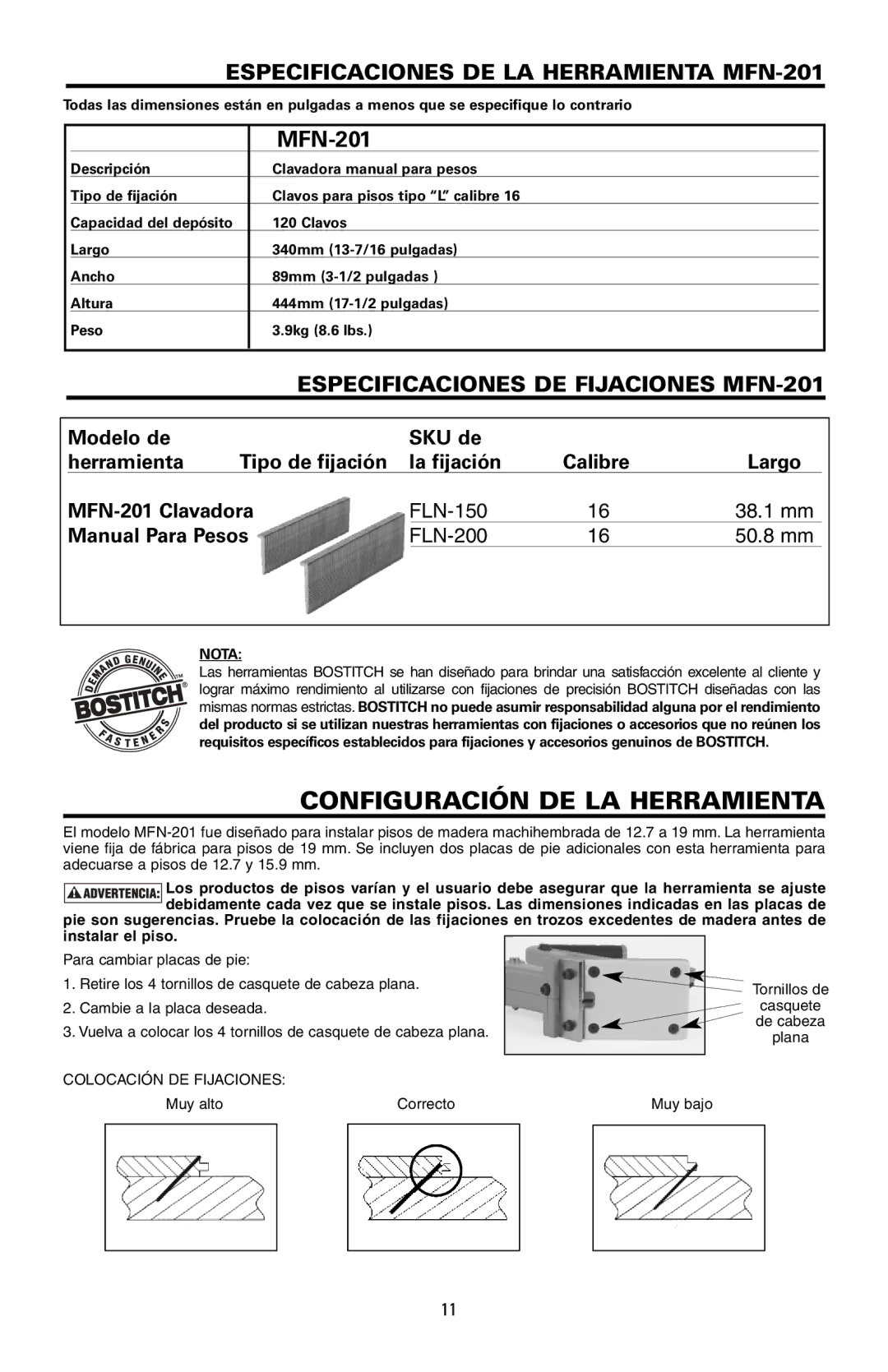 Bostitch manual Configuración DE LA Herramienta, Especificaciones DE LA Herramienta MFN-201, Nota 