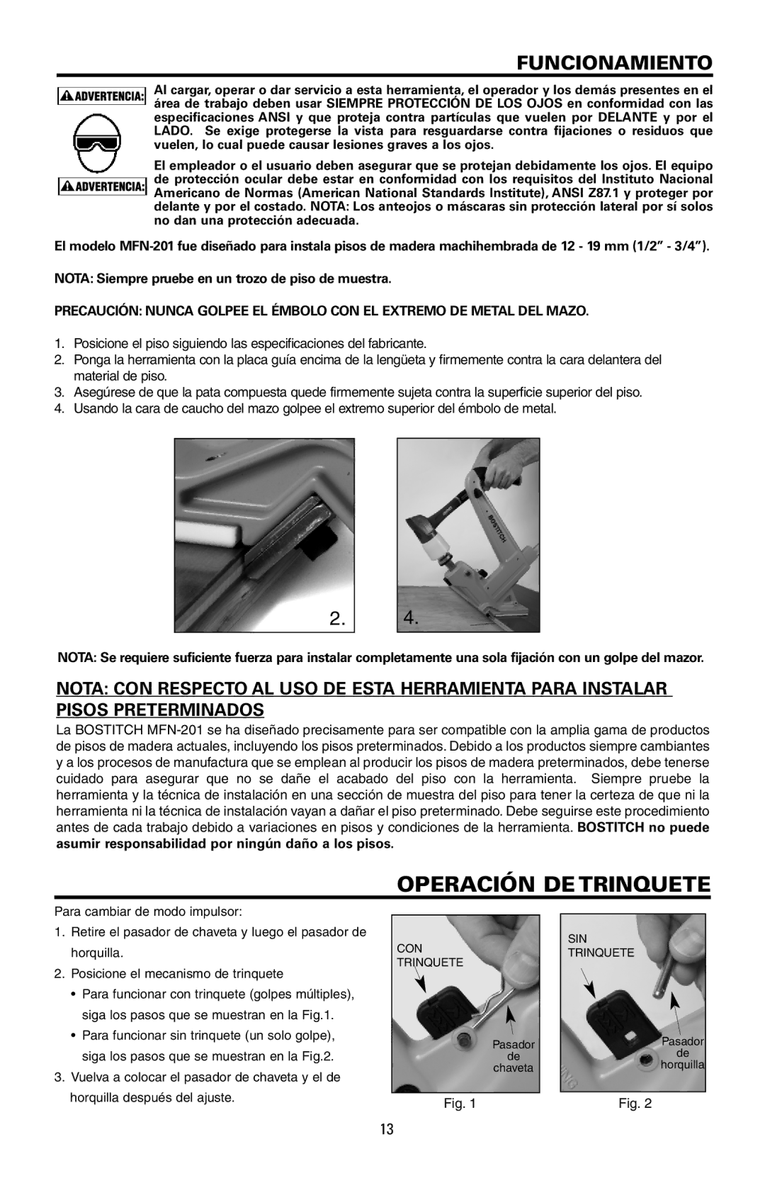 Bostitch MFN-201 manual Operación DE Trinquete, Funcionamiento 