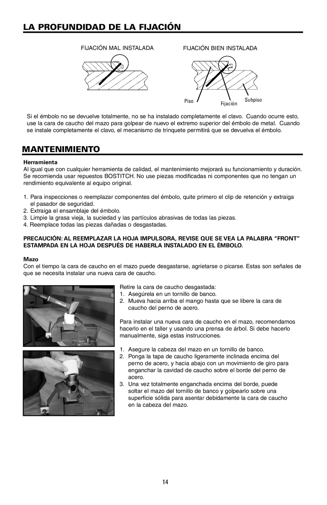 Bostitch MFN-201 manual LA Profundidad DE LA Fijación, Mantenimiento 