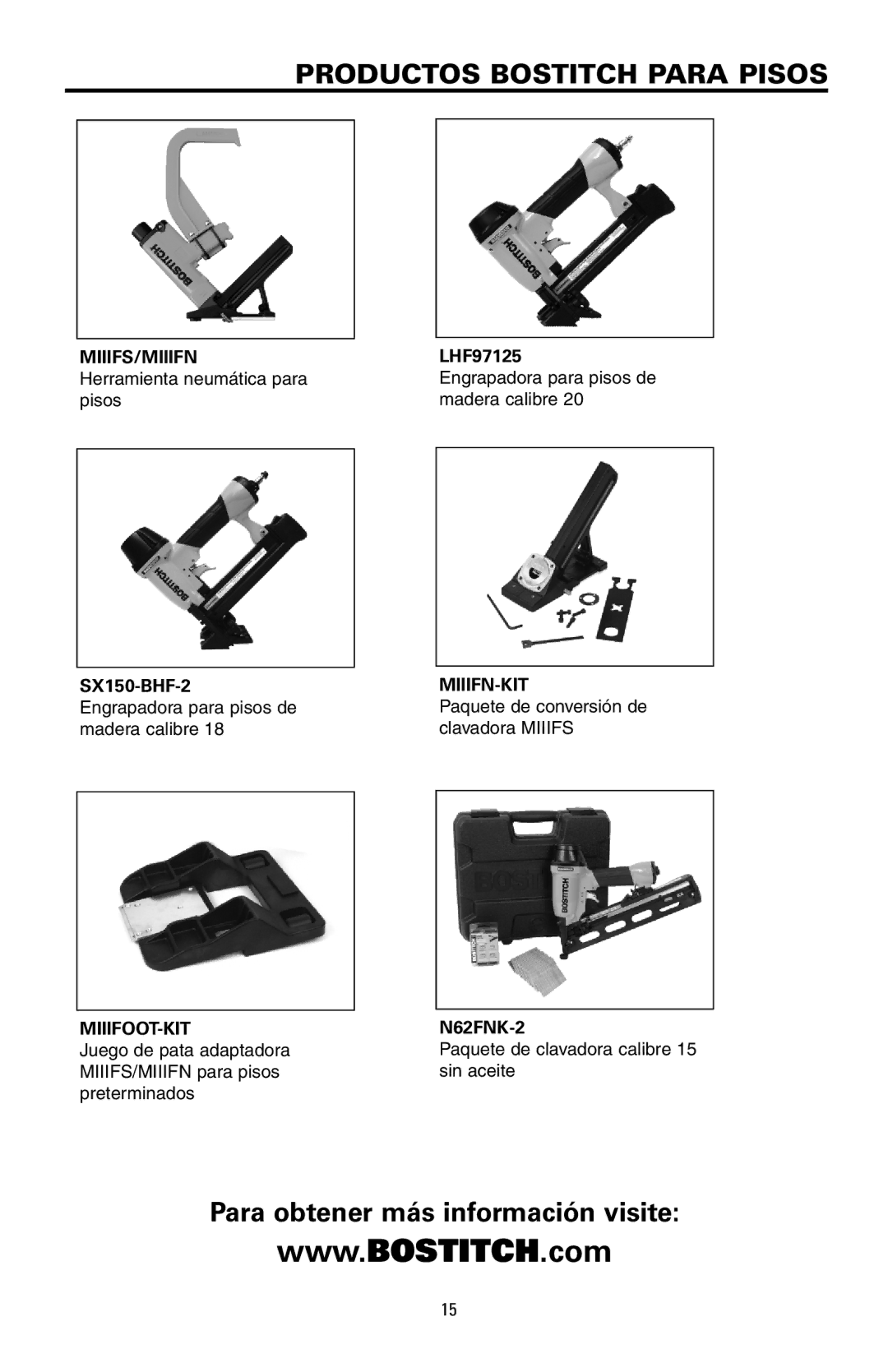 Bostitch MFN-201 manual Productos Bostitch Para Pisos 