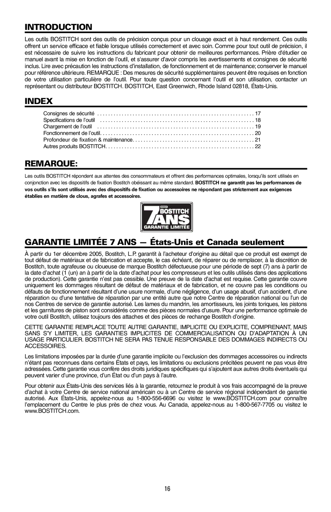 Bostitch MFN-201 manual Introduction, Index, Remarque 