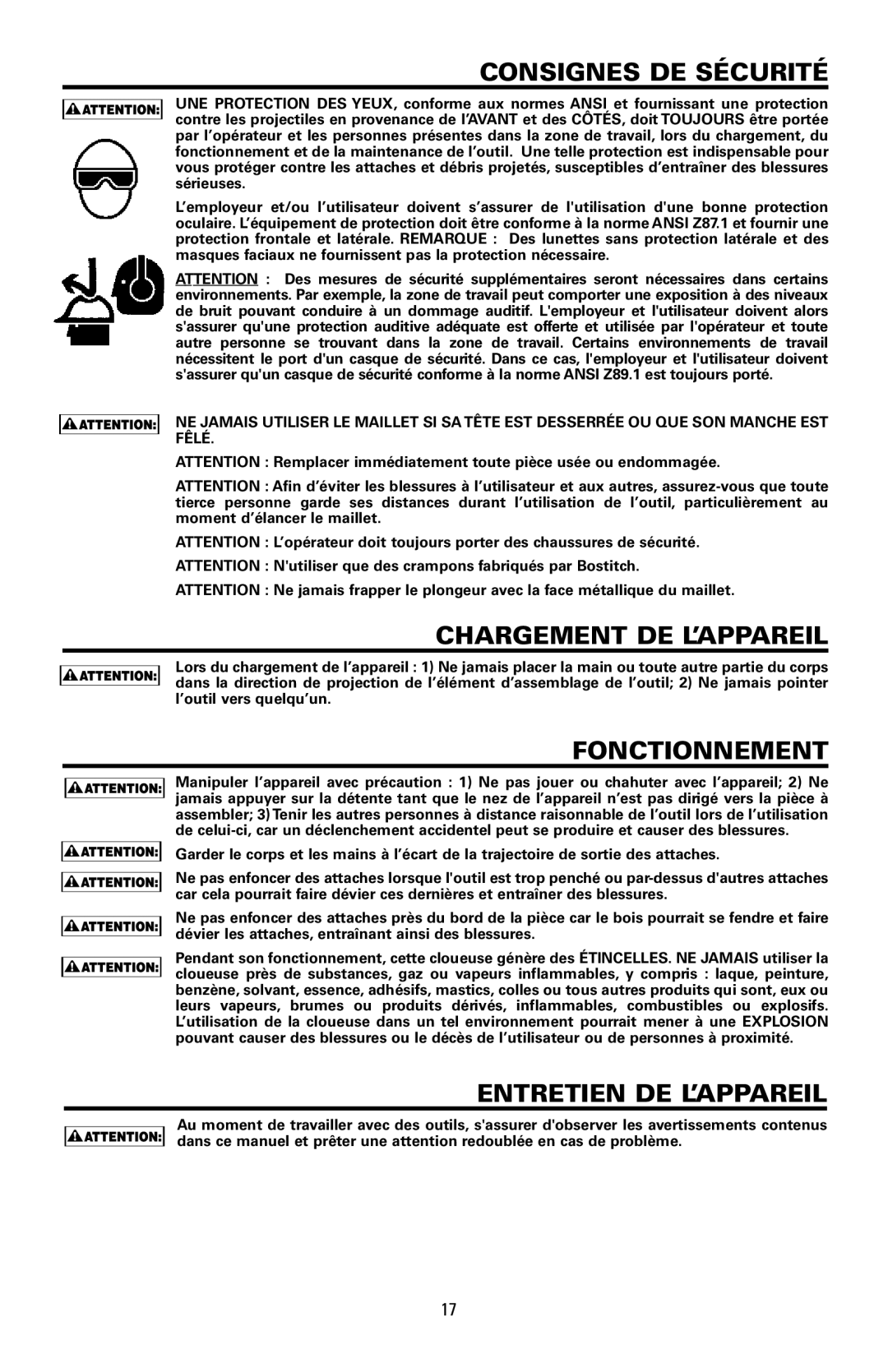 Bostitch MFN-201 manual Consignes DE Sécurité, Chargement DE L’APPAREIL, Fonctionnement, Entretien DE L’APPAREIL 