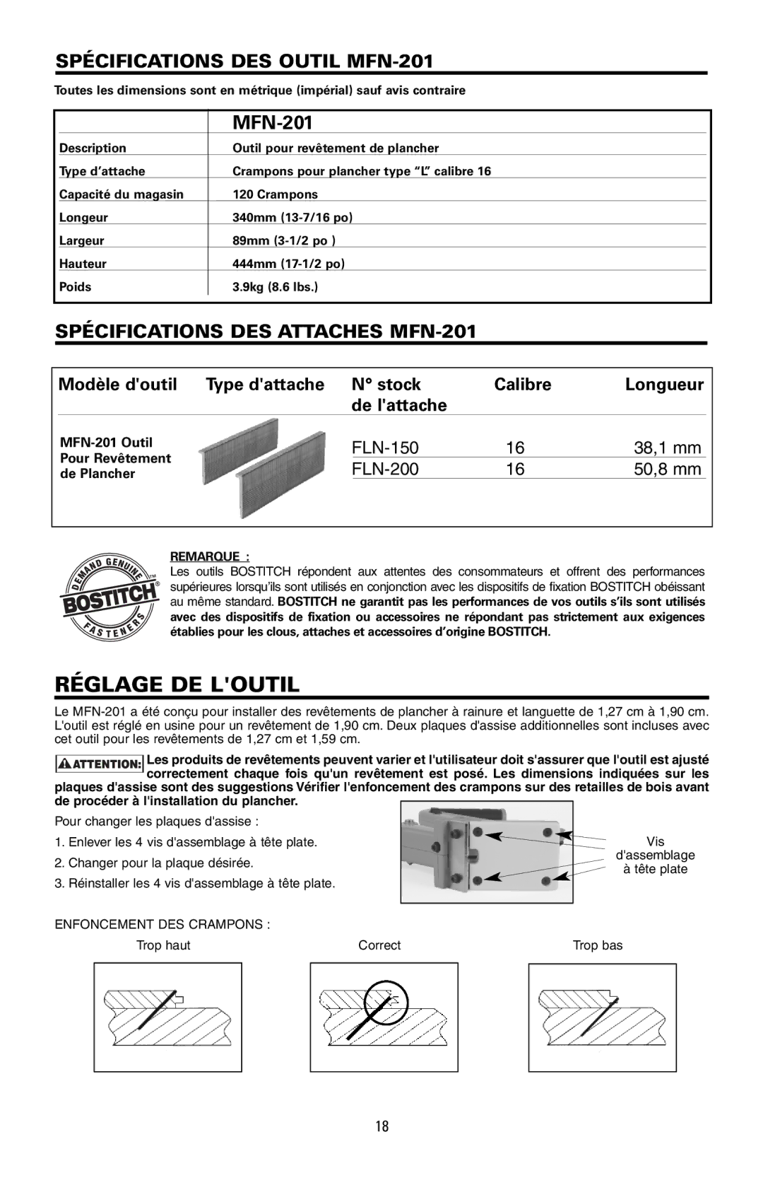 Bostitch manual Réglage DE Loutil, Spécifications DES Outil MFN-201, Spécifications DES Attaches MFN-201, Remarque 