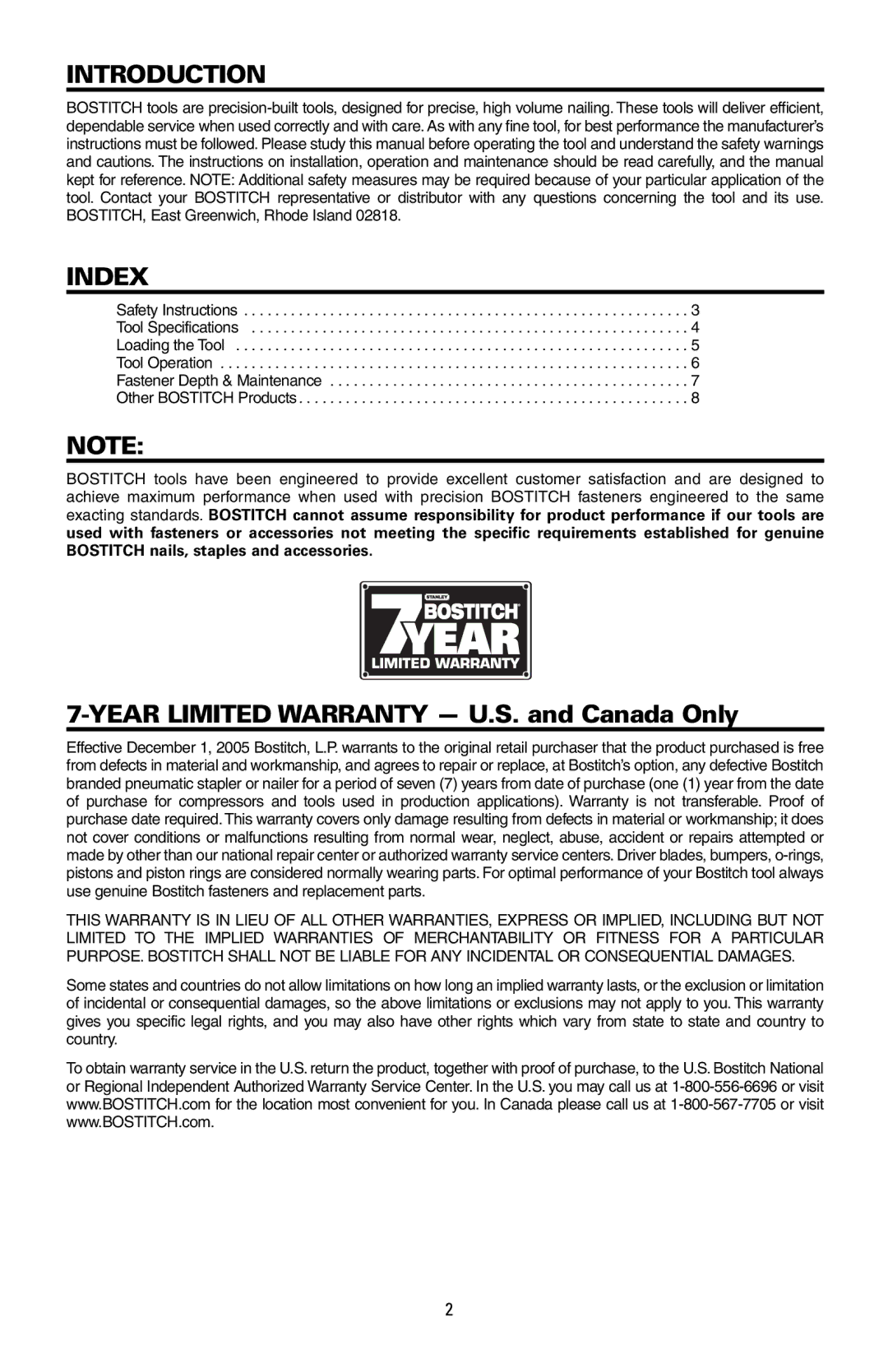 Bostitch MFN-201 manual Introduction, Index 