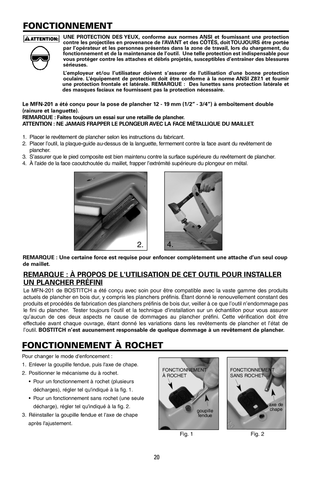 Bostitch MFN-201 manual Fonctionnement À Rochet 