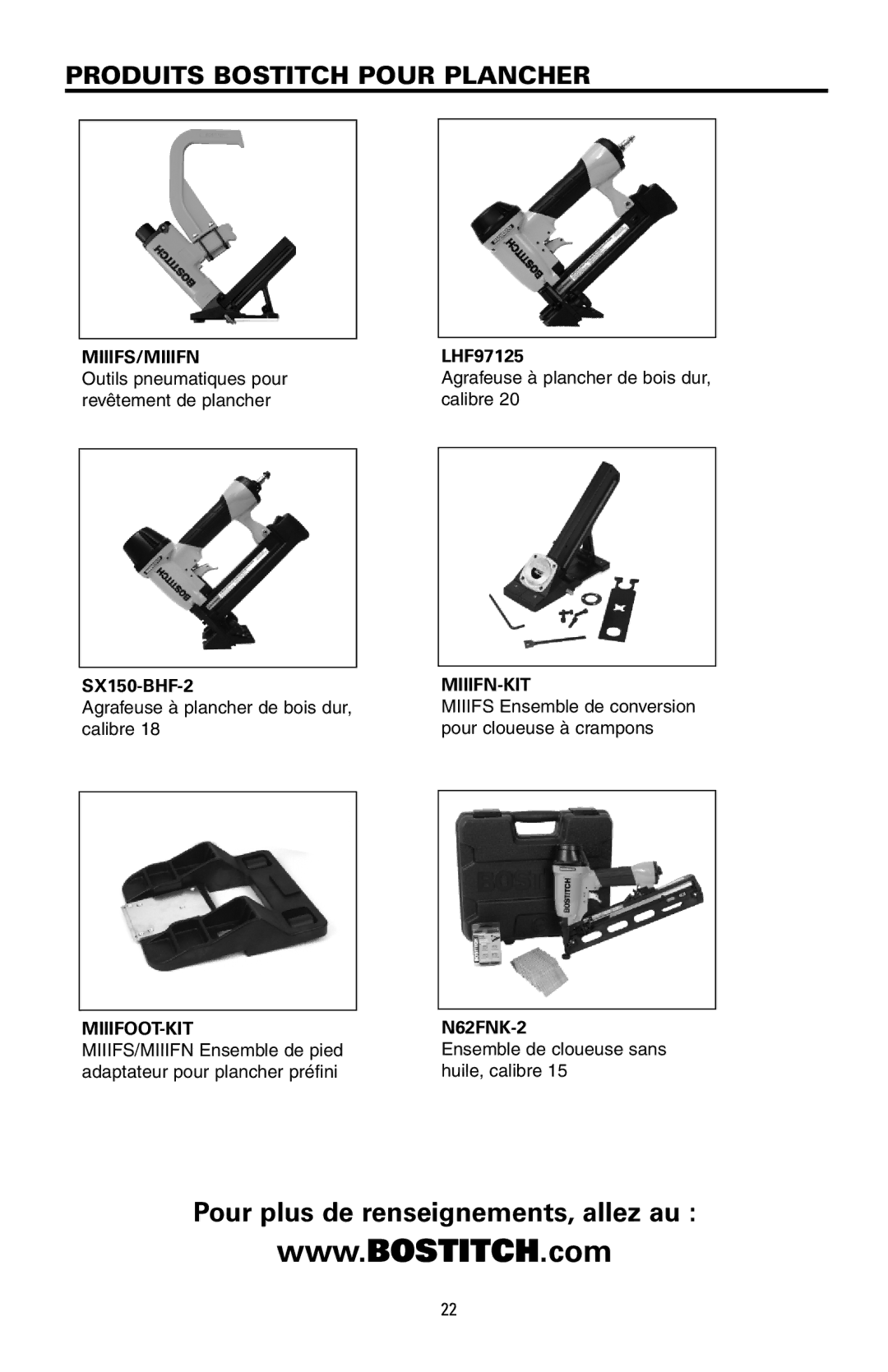 Bostitch MFN-201 manual Produits Bostitch Pour Plancher 