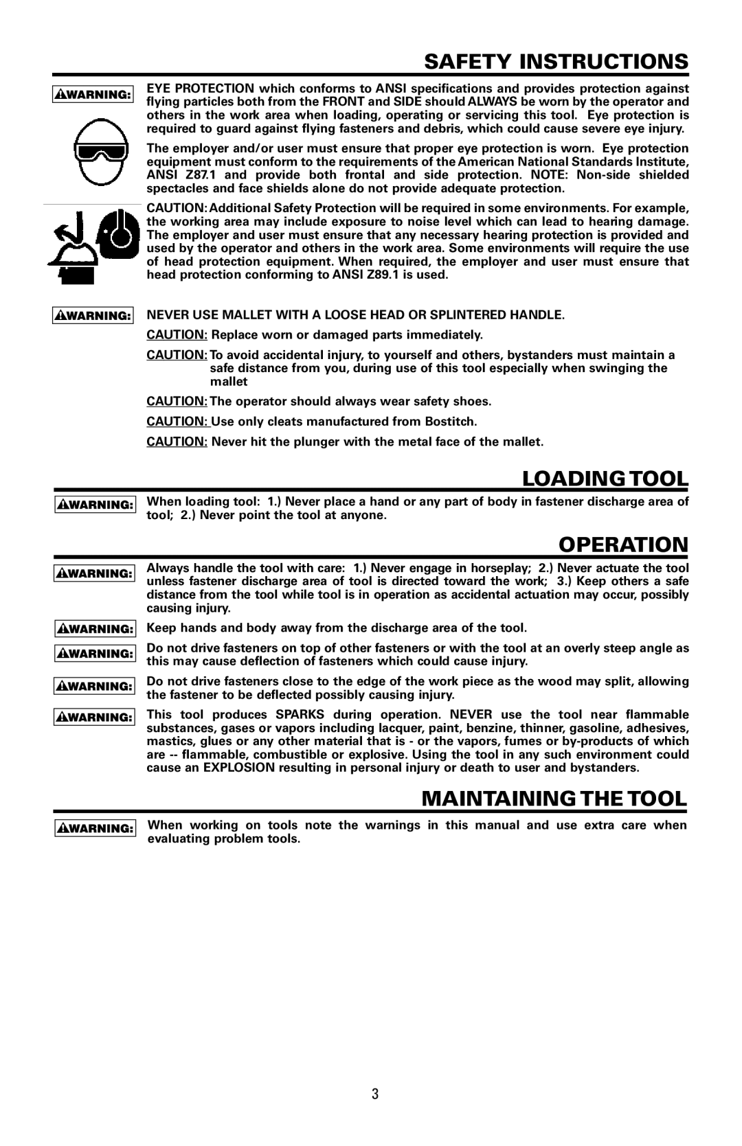 Bostitch MFN-201 manual Safety Instructions, Loading Tool, Operation, Maintaining the Tool 