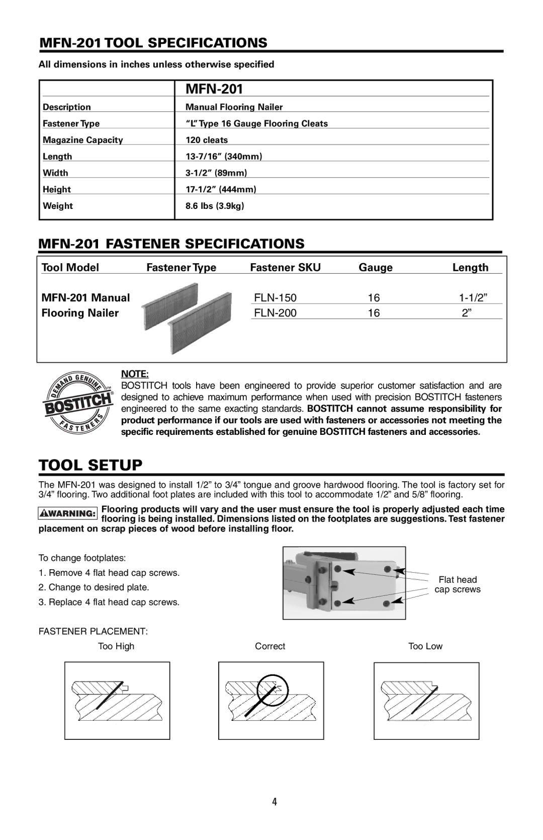 Bostitch manual Tool Setup, MFN-201 Tool Specifications, MFN-201 Fastener Specifications 