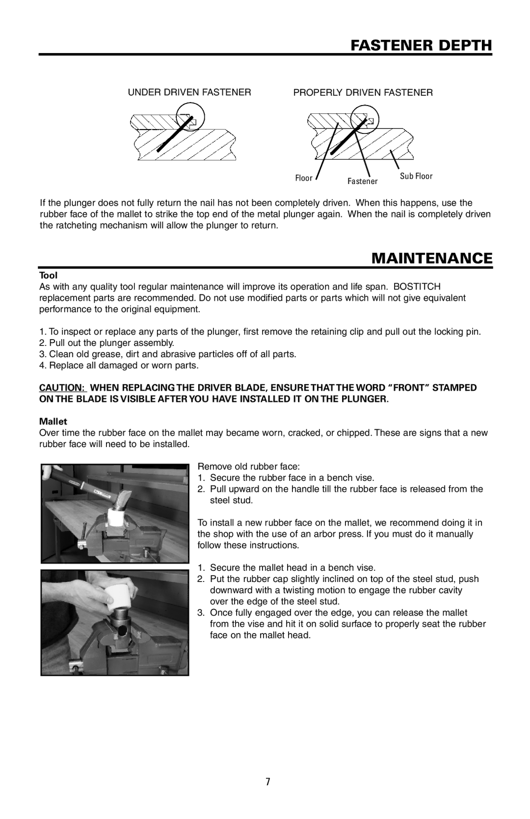 Bostitch MFN-201 manual Fastener Depth, Maintenance 