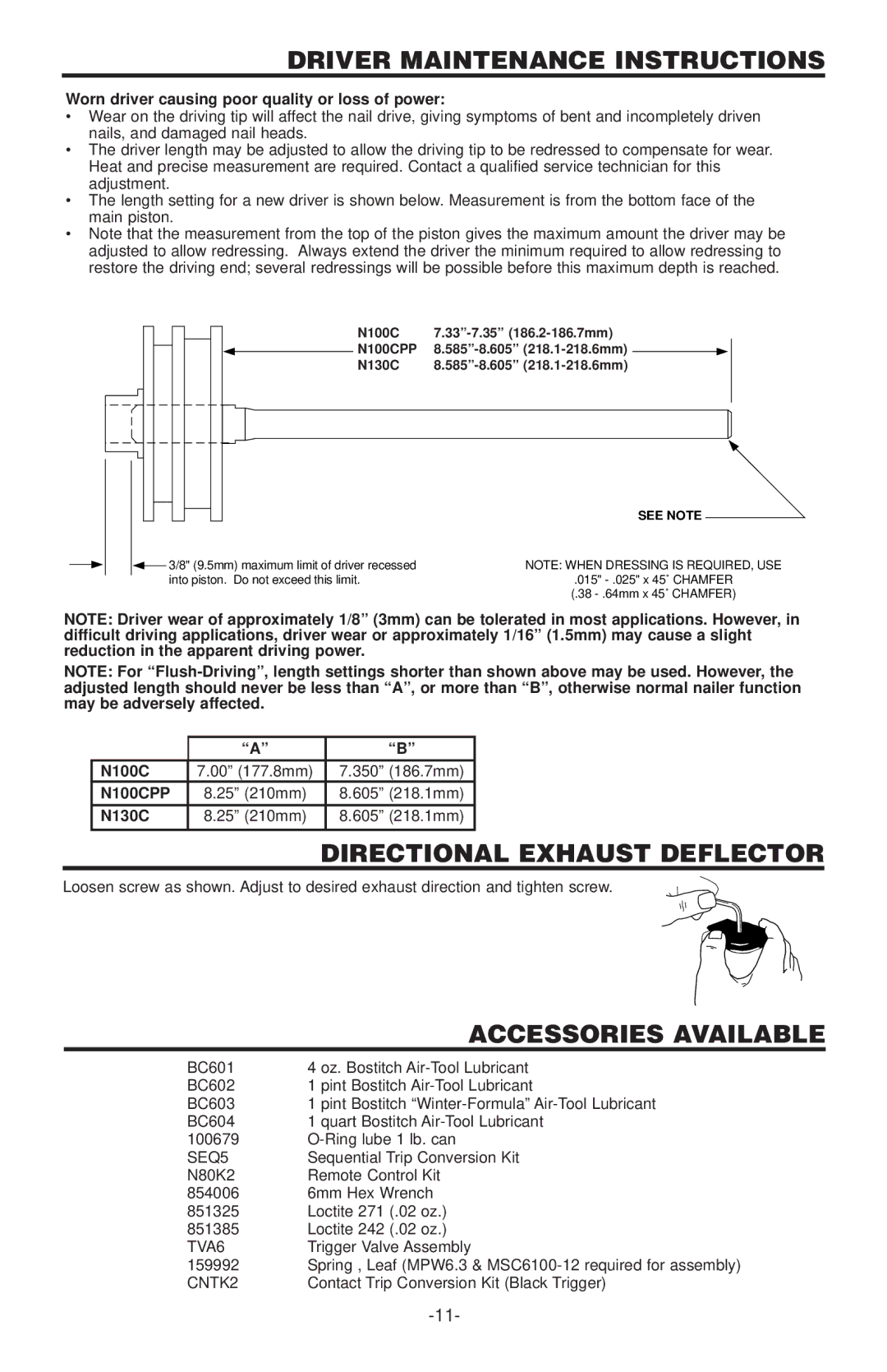 Bostitch N130C manual Driver Maintenance Instructions, Directional Exhaust Deflector, Accessories Available, N100CPP 