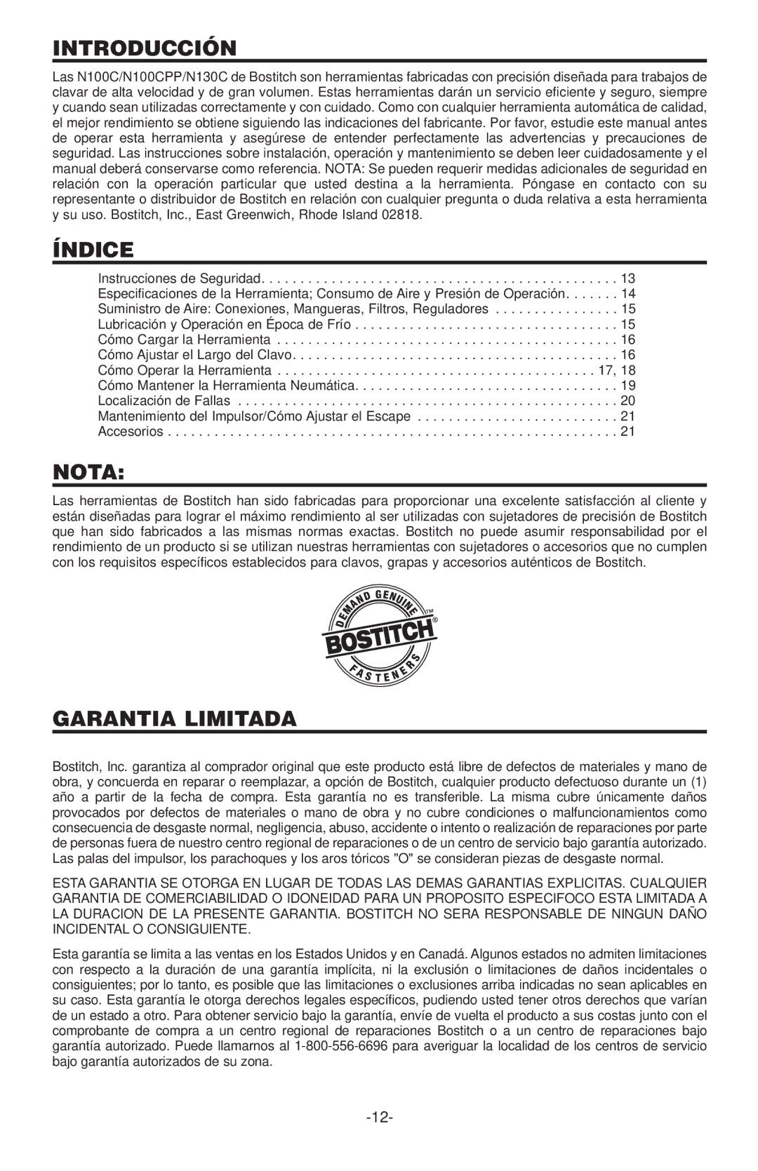 Bostitch N100CPP, N130C manual Introducción, Índice, Nota, Garantia Limitada 